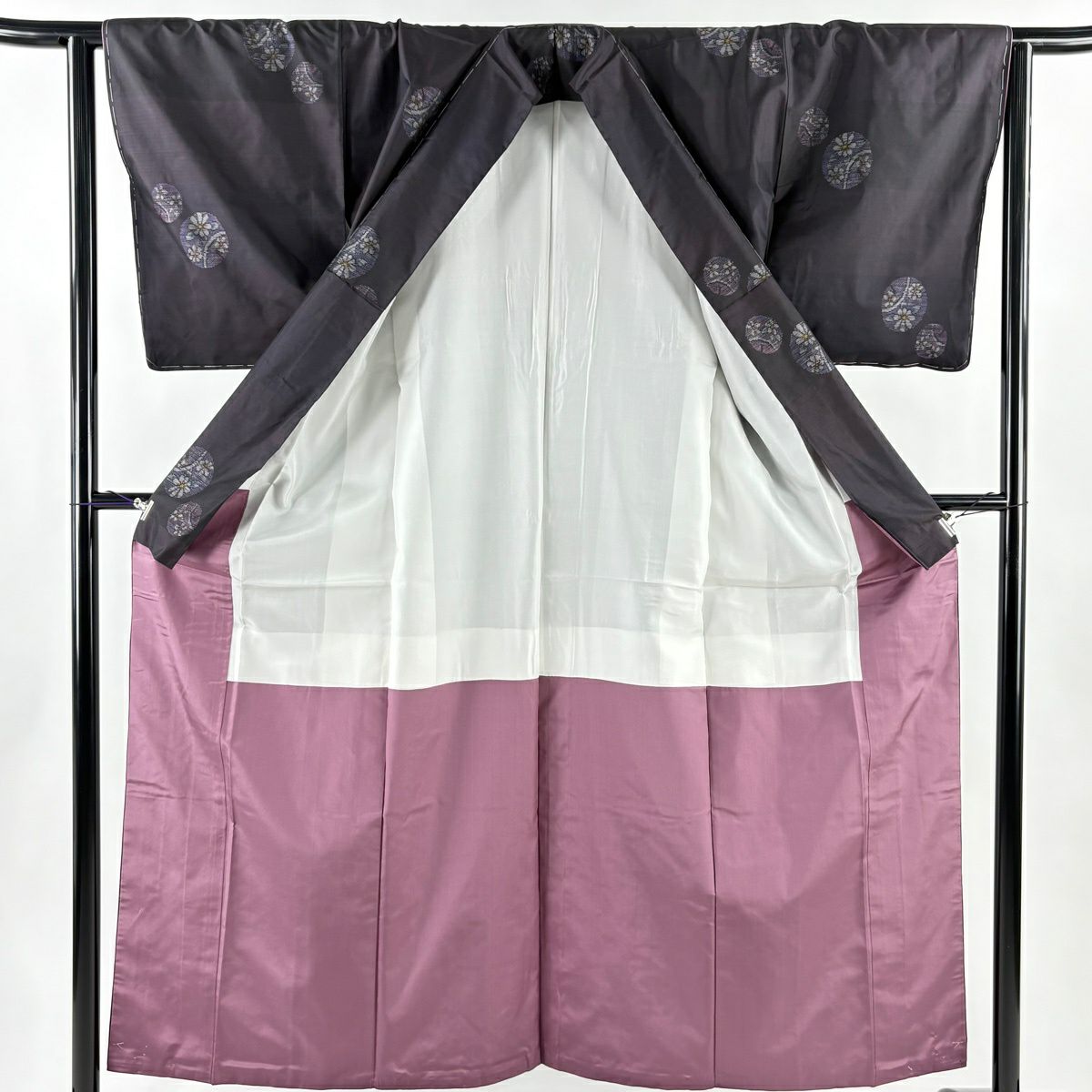 【美品】 大島紬織 身長155cm 袖長63.5cm S 雙層 證書附帶 草花紋紋 圓文 濃紫 純蠶絲 優品級