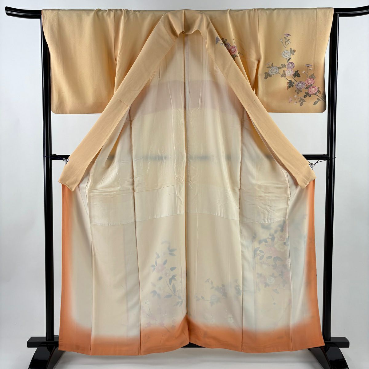 訪問服 身長158.5cm 袖長66cm M 雙層 椿 菊花 漸層 淺橙色 純蠶絲 優品級 一個紋
