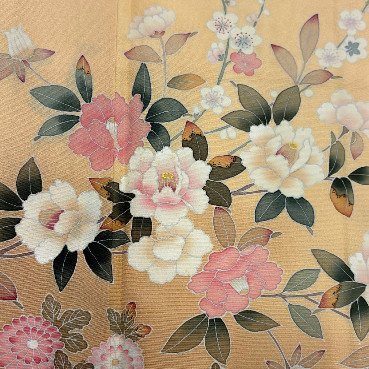 訪問服 身長158.5cm 袖長66cm M 雙層 椿 菊花 漸層 淺橙色 純蠶絲 優品級 一個紋