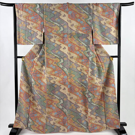 【美品】 小紋 身長163cm 袖長66cm M 雙層 草花紋紋 霞 粉米色 純蠶絲 秀品級