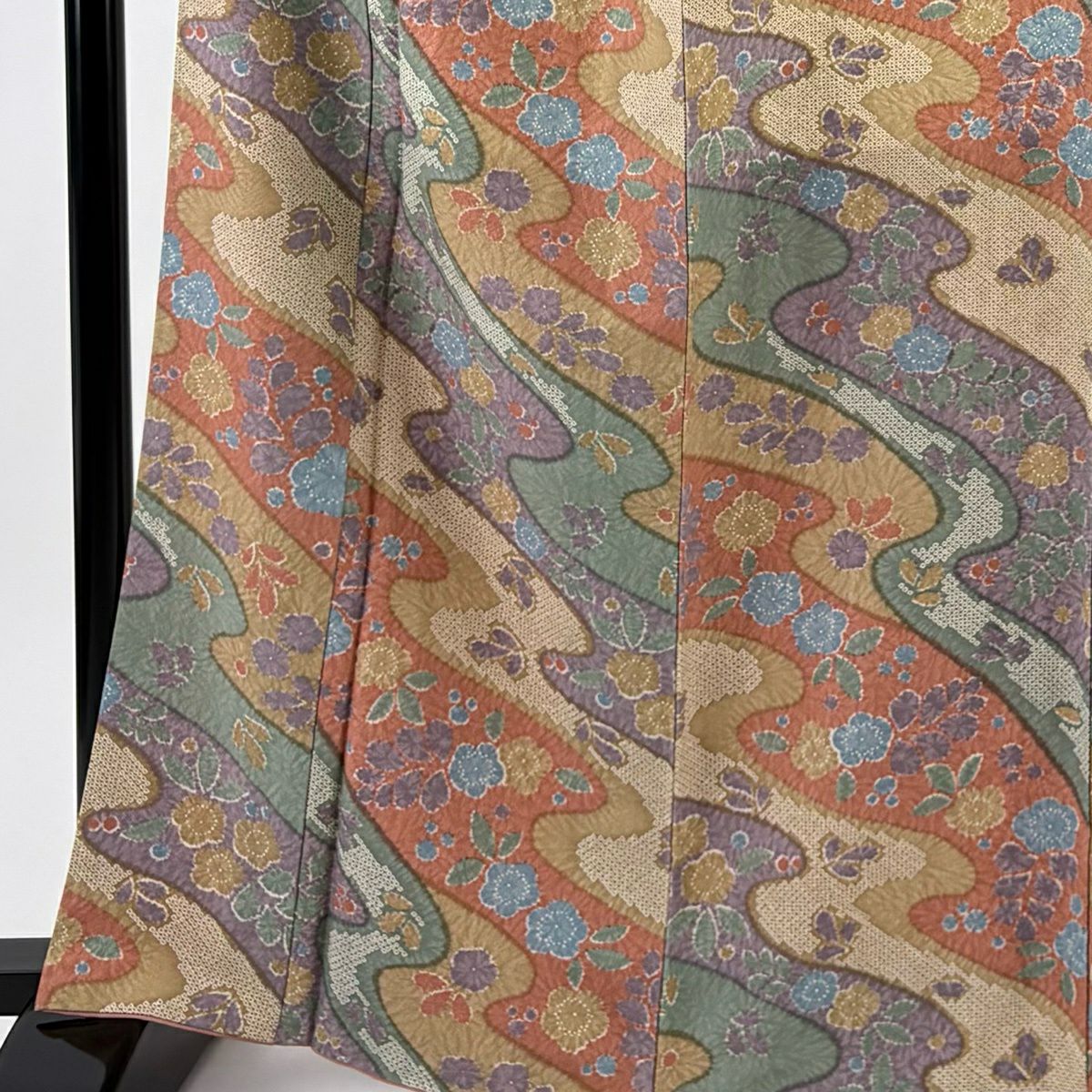 【美品】 小紋 身長163cm 袖長66cm M 雙層 草花紋紋 霞 粉米色 純蠶絲 秀品級