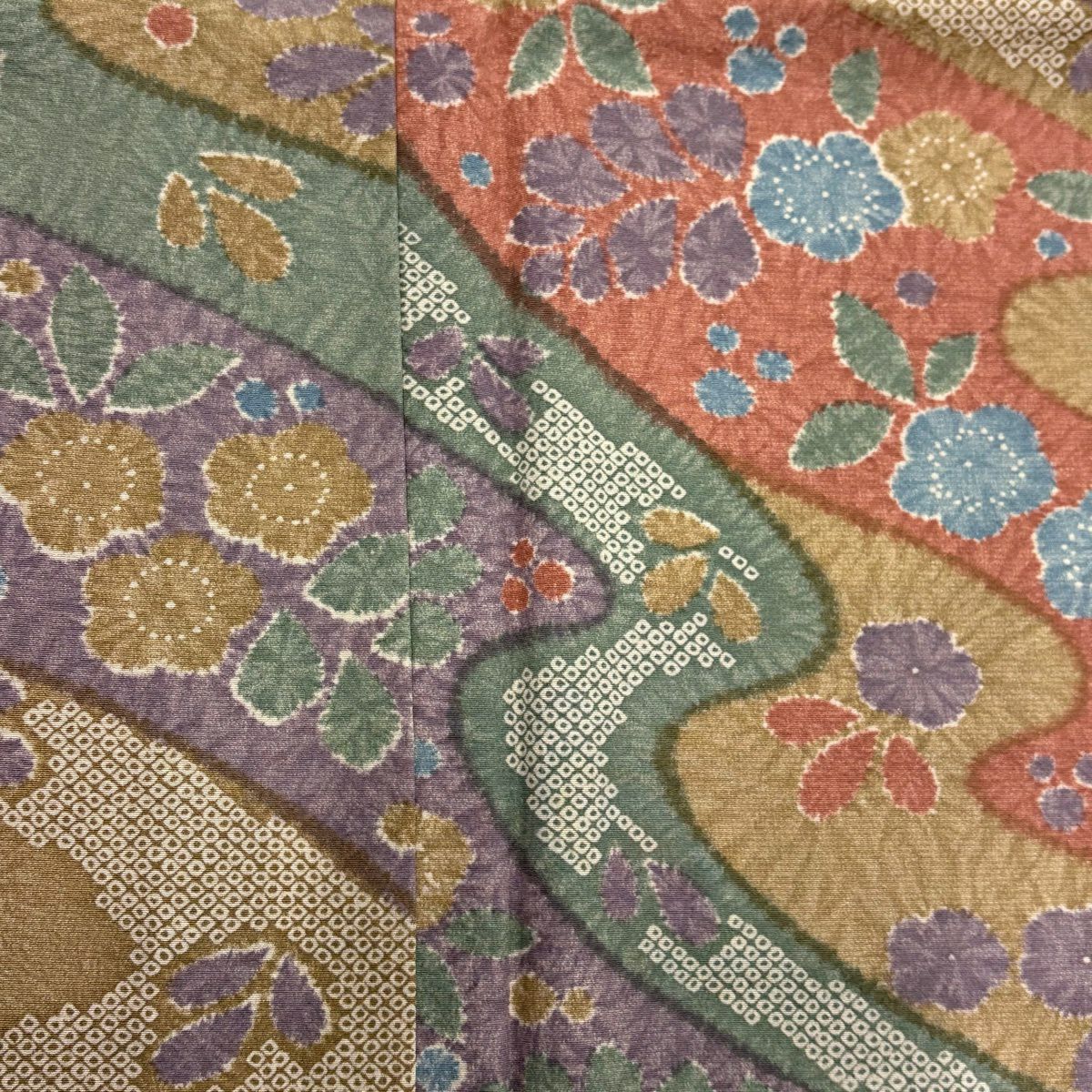 【美品】 小紋 身長163cm 袖長66cm M 雙層 草花紋紋 霞 粉米色 純蠶絲 秀品級