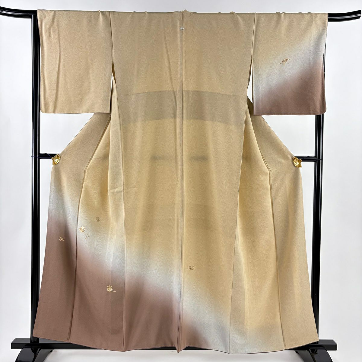 付下 身長157.5cm 袖長66.5cm M 雙層 寶盡くし 木紋 金絲 刺繡 淺茶 純蠶絲 優品級 一個紋