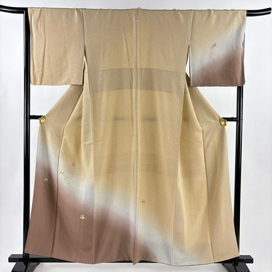 付下 身長157.5cm 袖長66.5cm M 雙層 寶盡くし 木紋 金絲 刺繡 淺茶 純蠶絲 優品級 一個紋