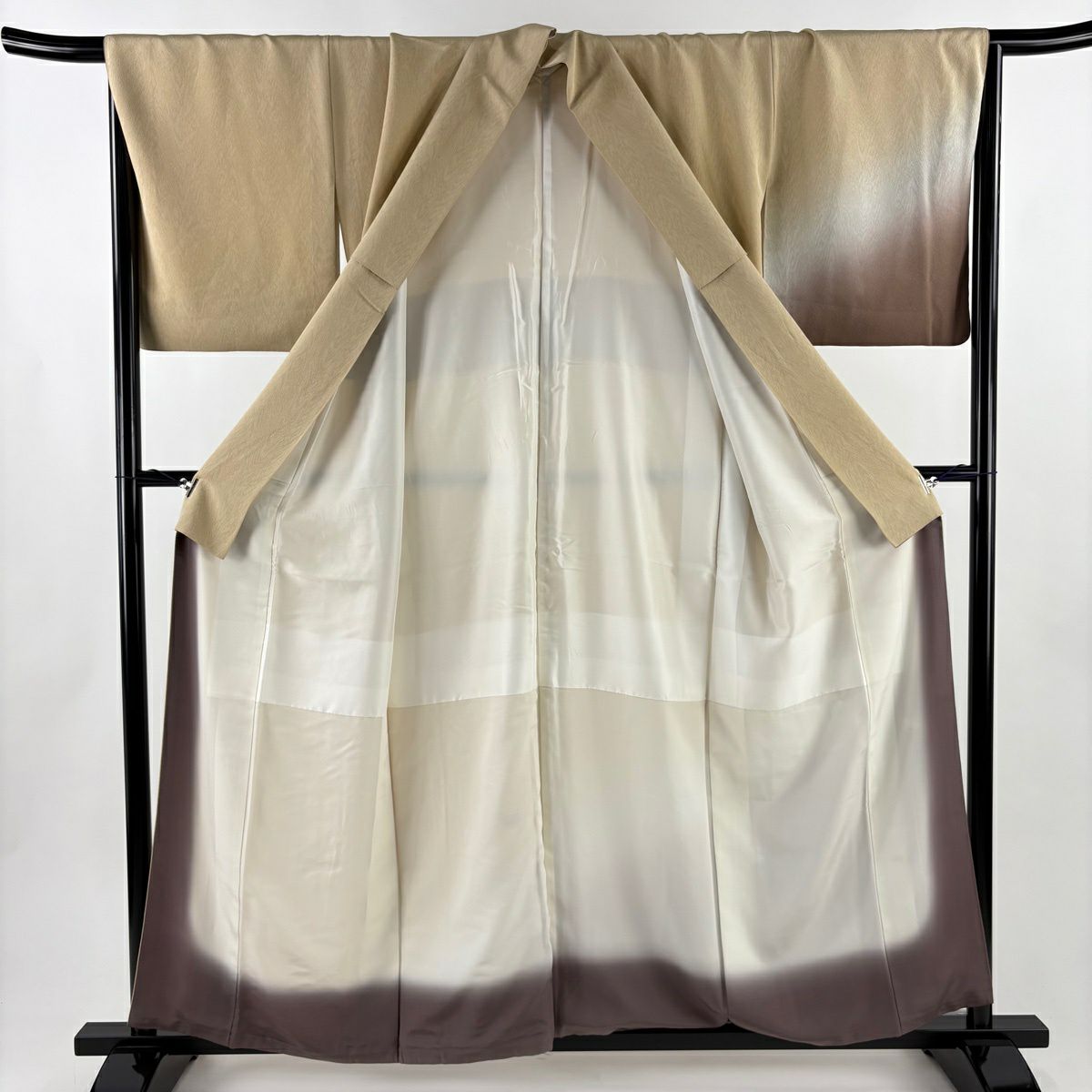 付下 身長157.5cm 袖長66.5cm M 雙層 寶盡くし 木紋 金絲 刺繡 淺茶 純蠶絲 優品級 一個紋