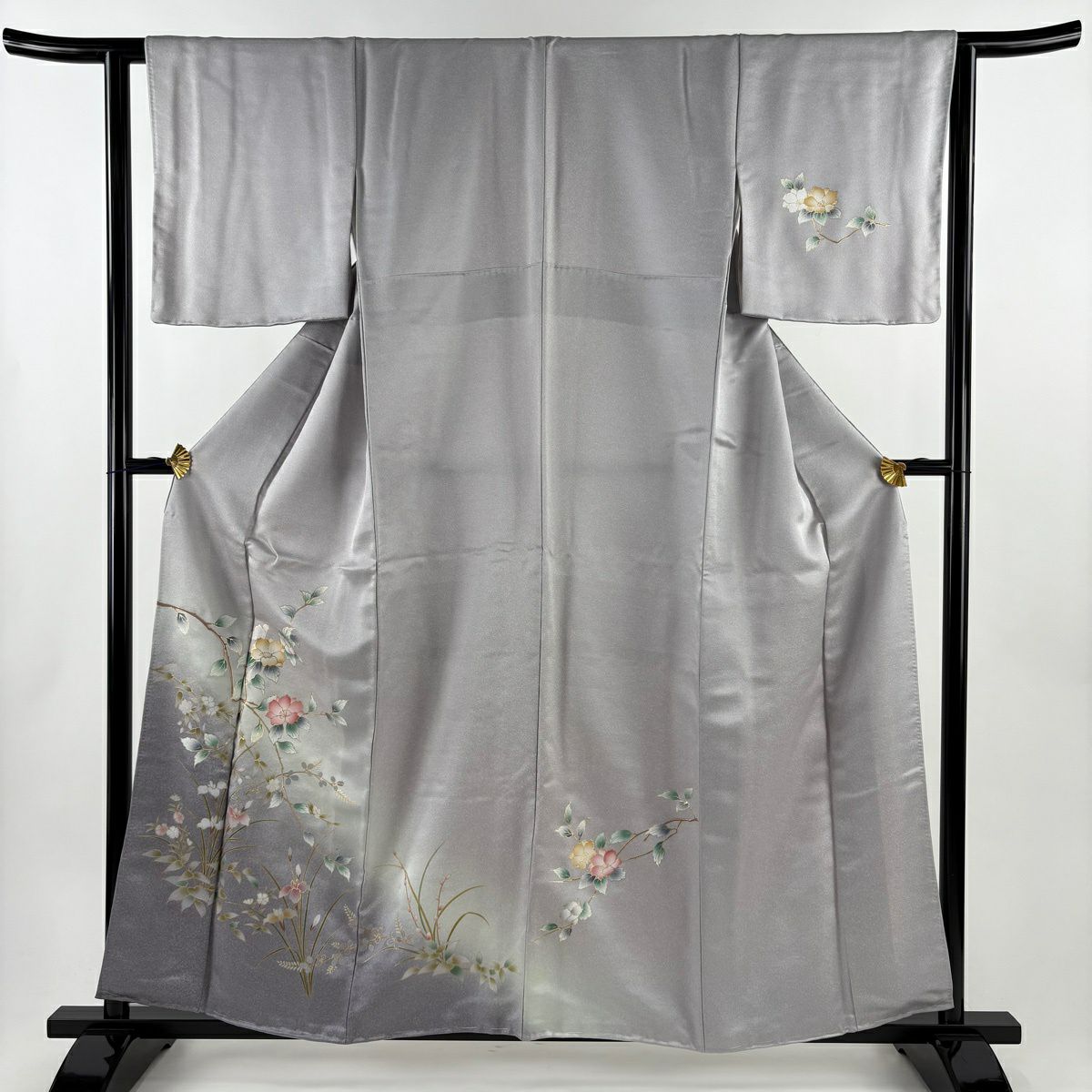 訪問服 身長159cm 袖長62cm S 雙層 枝花 草花紋 金彩裝飾 漸層 灰紫 純蠶絲 優品級