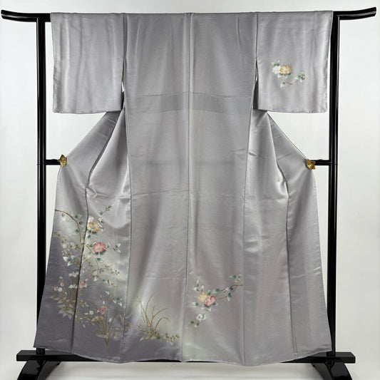 訪問服 身長159cm 袖長62cm S 雙層 枝花 草花紋 金彩裝飾 漸層 灰紫 純蠶絲 優品級