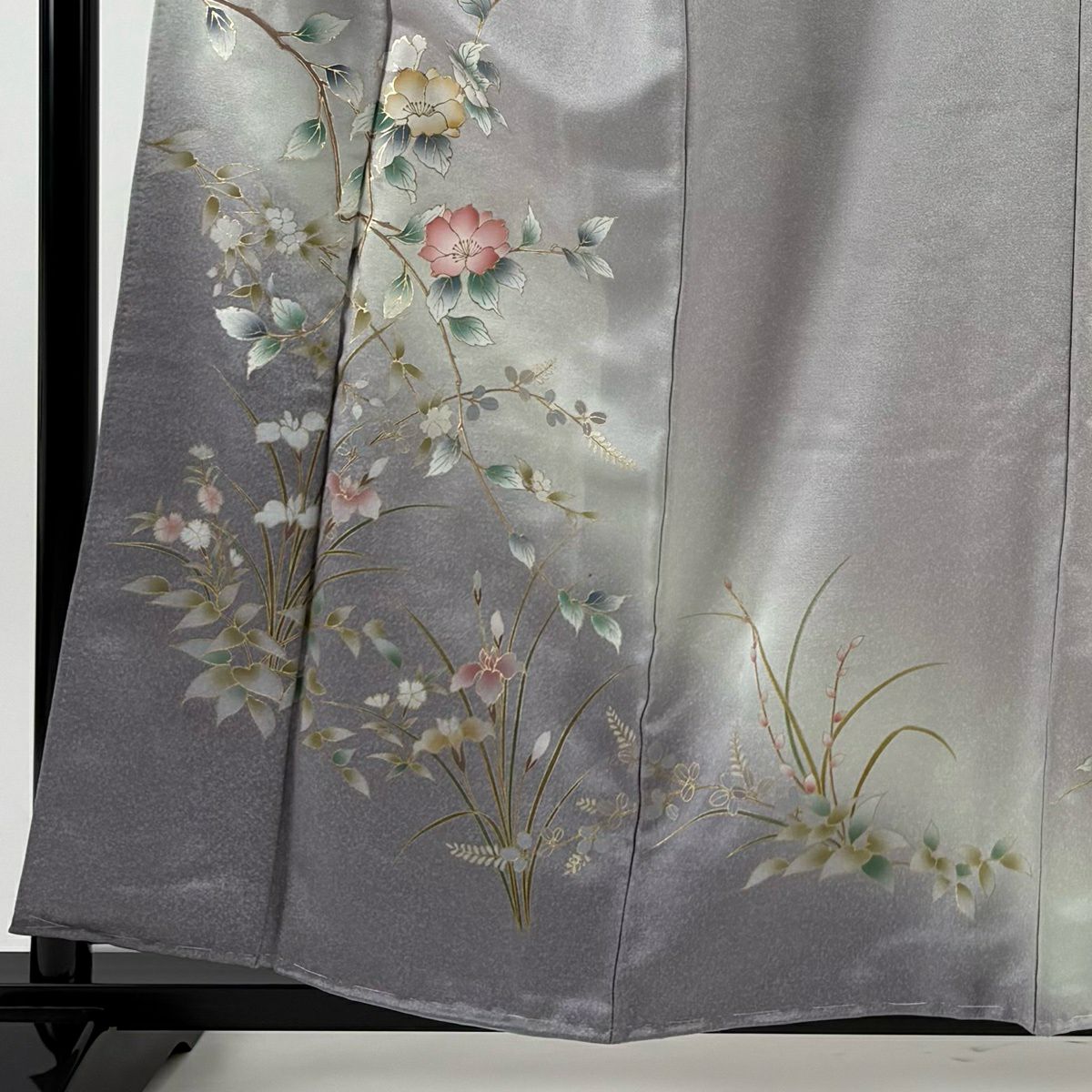 訪問服 身長159cm 袖長62cm S 雙層 枝花 草花紋 金彩裝飾 漸層 灰紫 純蠶絲 優品級