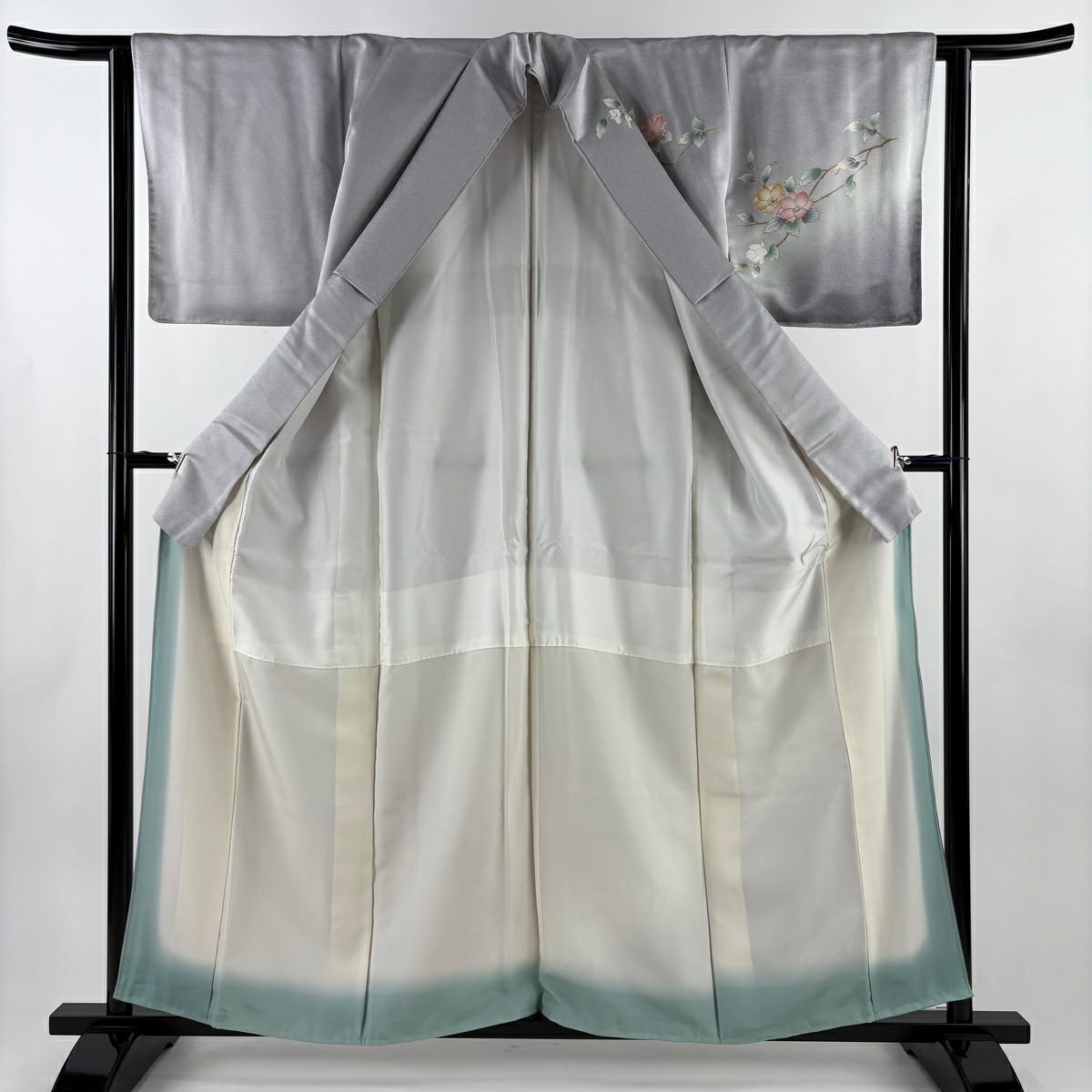 訪問服 身長159cm 袖長62cm S 雙層 枝花 草花紋 金彩裝飾 漸層 灰紫 純蠶絲 優品級