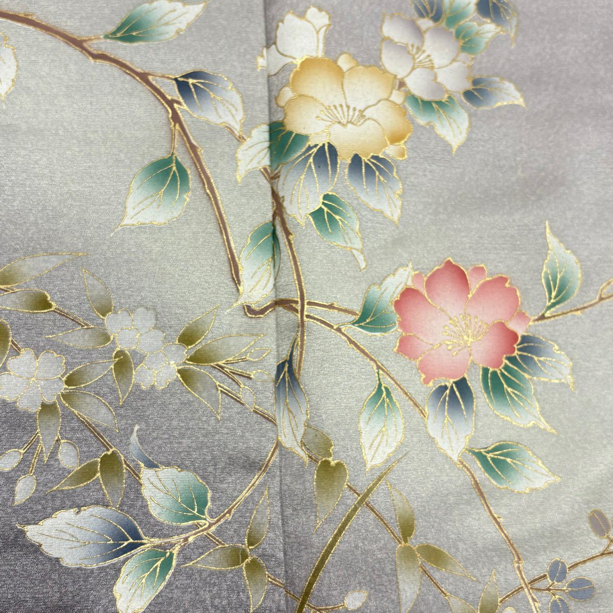 訪問服 身長159cm 袖長62cm S 雙層 枝花 草花紋 金彩裝飾 漸層 灰紫 純蠶絲 優品級