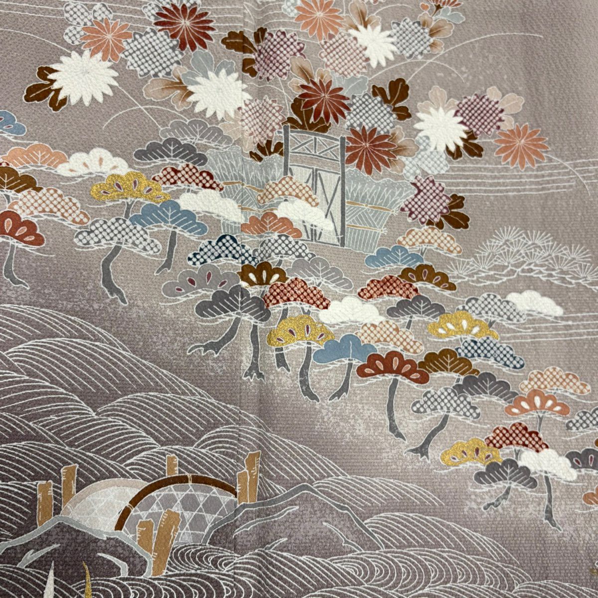 訪問服 身長156.5cm 袖長61.5cm S 雙層 笠松樹 波 漸層 金彩裝飾 灰紫 純蠶絲 秀品級