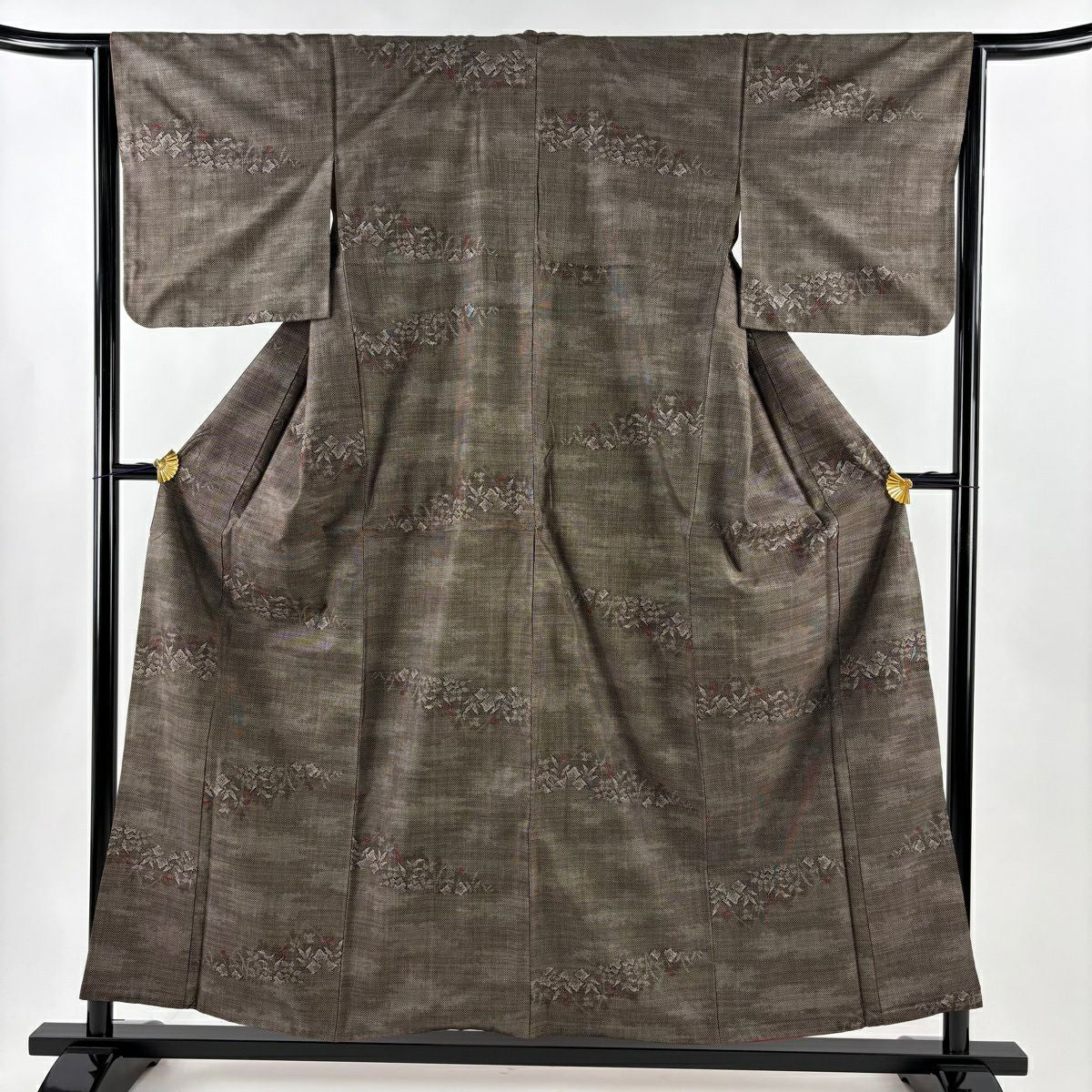 小紋 身長156.5cm 袖長64cm M 雙層 草花紋紋 霞 焦茶 純蠶絲 秀品級