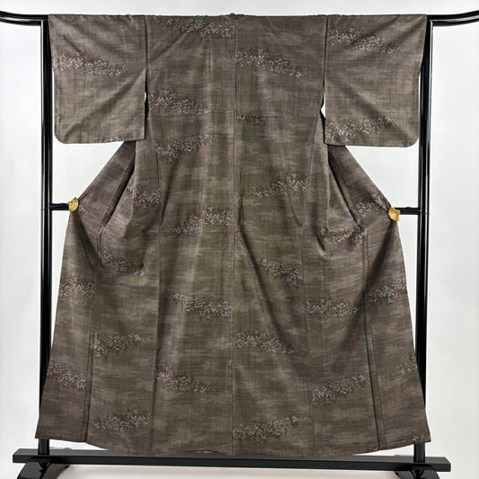 小紋 身長156.5cm 袖長64cm M 雙層 草花紋紋 霞 焦茶 純蠶絲 秀品級