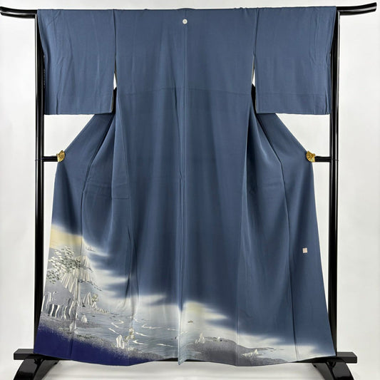 色留袖禮服 身長158.5cm 袖長65cm M 雙層 落款有 海邊的風景 霞 染分 ぼかし 青灰 純蠶絲 秀品級 一個紋