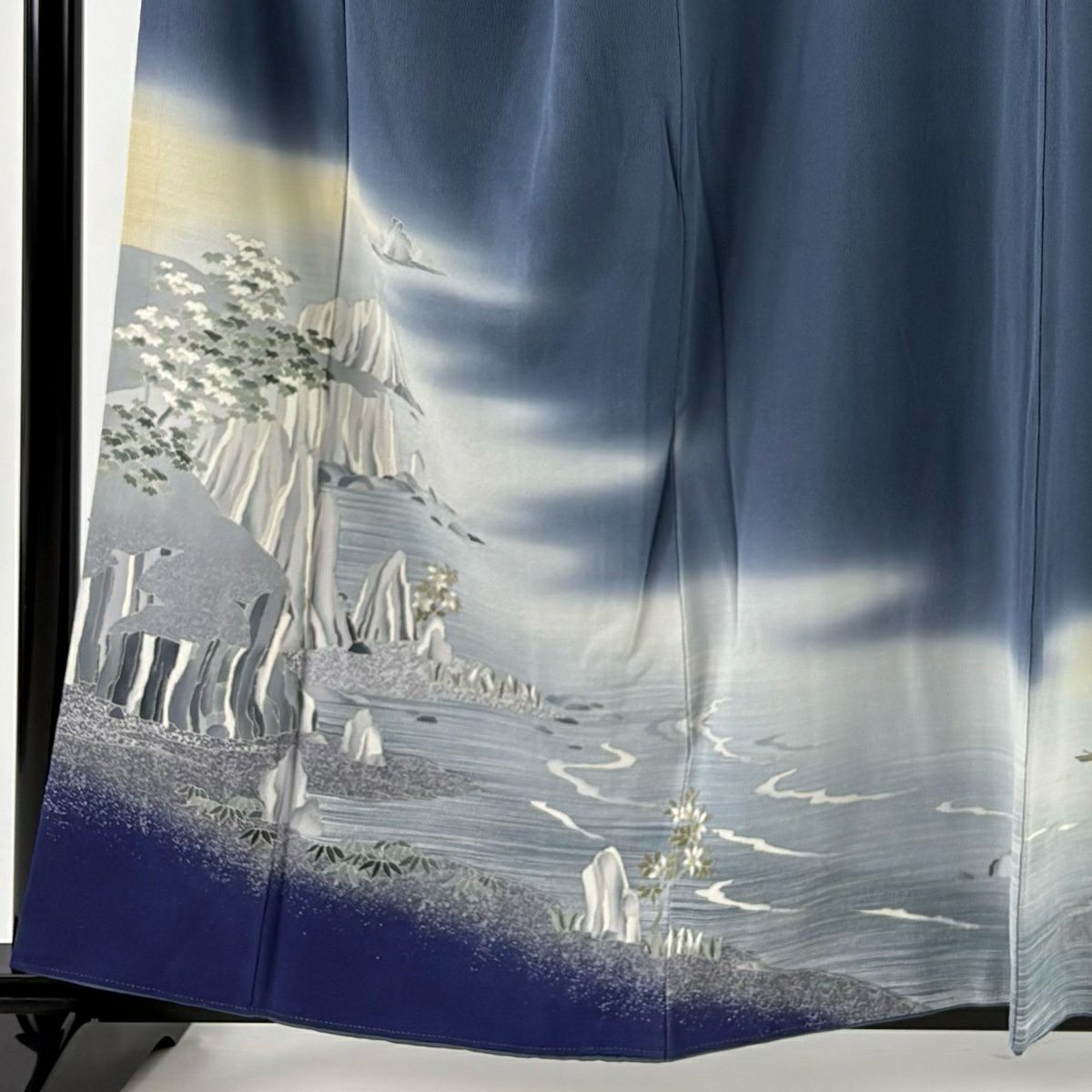 色留袖禮服 身長158.5cm 袖長65cm M 雙層 落款有 海邊的風景 霞 染分 ぼかし 青灰 純蠶絲 秀品級 一個紋