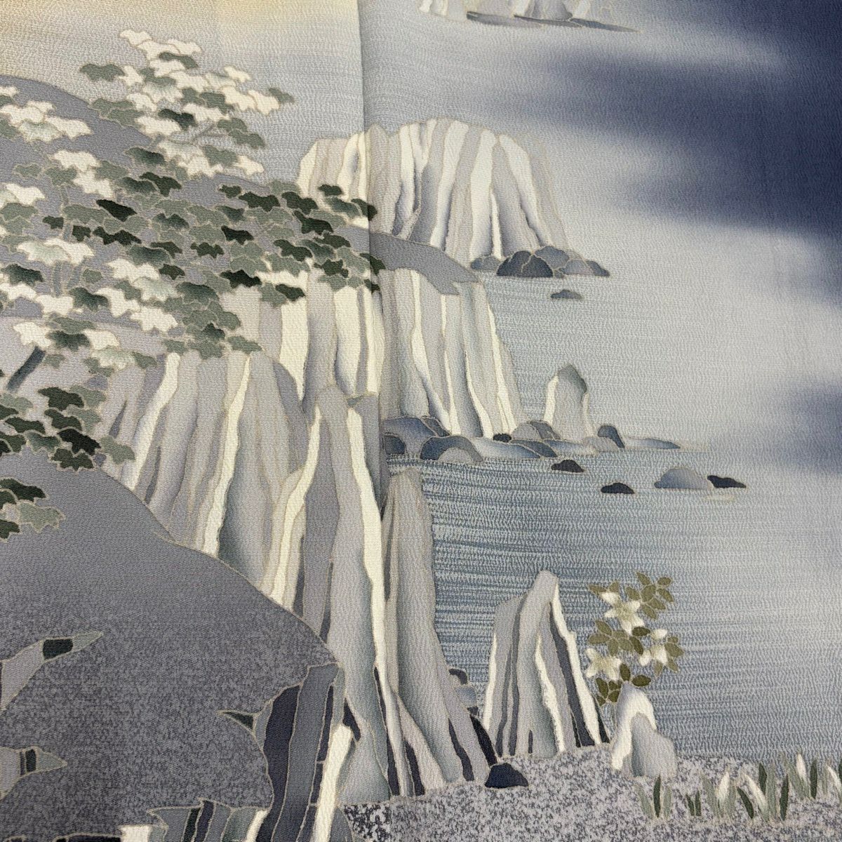 色留袖禮服 身長158.5cm 袖長65cm M 雙層 落款有 海邊的風景 霞 染分 ぼかし 青灰 純蠶絲 秀品級 一個紋