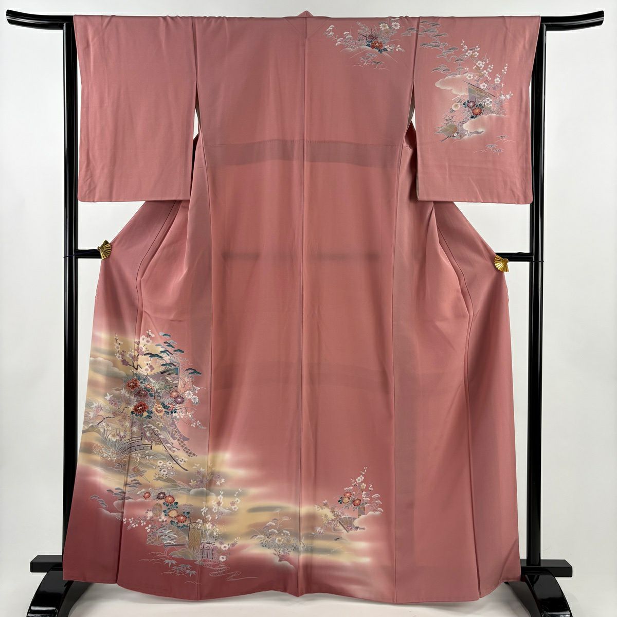 訪問服 身長165cm 袖長64cm M 雙層 幾帳 松樹竹子梅花 金銀彩 漸層 粉紅 純蠶絲 優品級