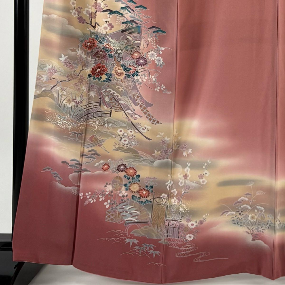 訪問服 身長165cm 袖長64cm M 雙層 幾帳 松樹竹子梅花 金銀彩 漸層 粉紅 純蠶絲 優品級