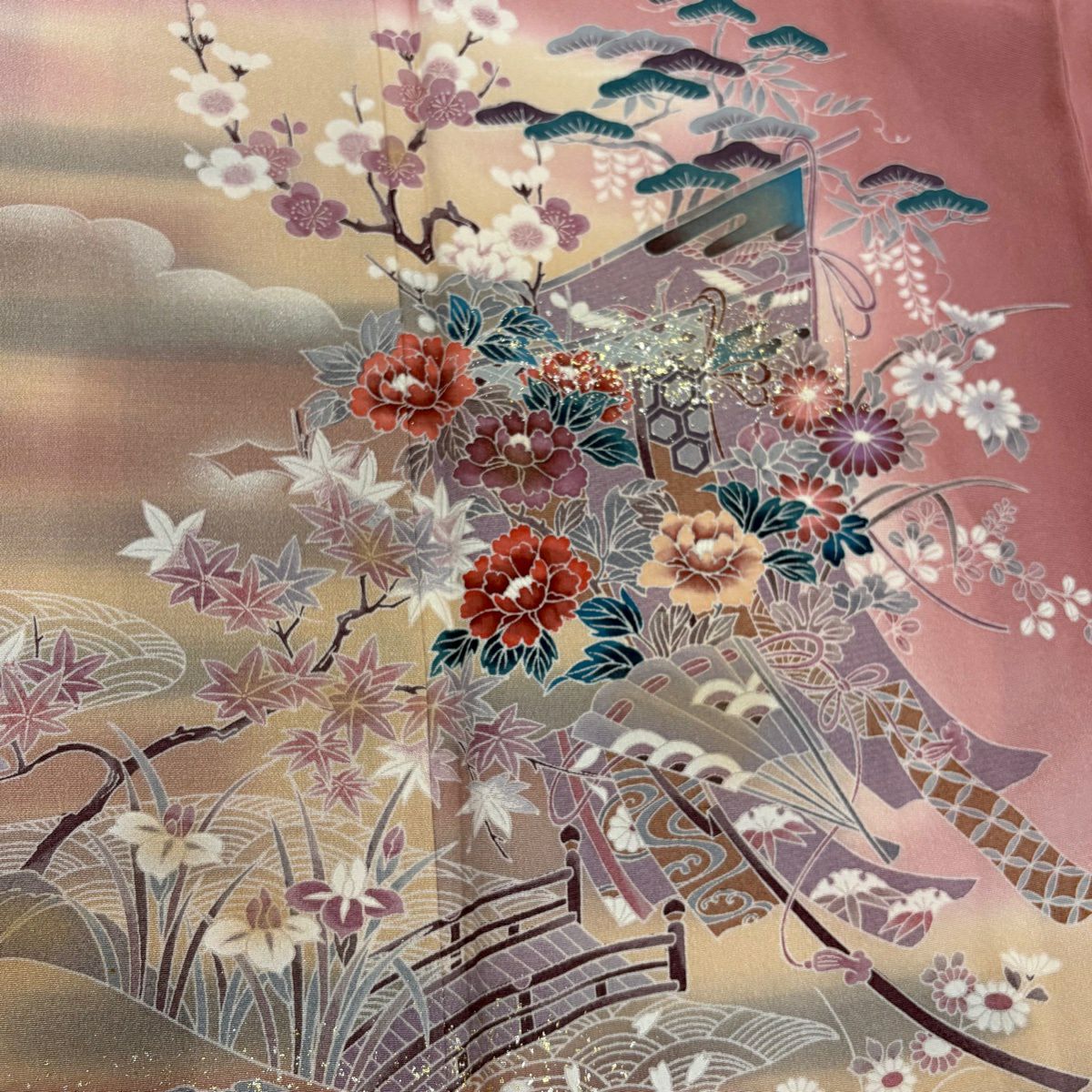 訪問服 身長165cm 袖長64cm M 雙層 幾帳 松樹竹子梅花 金銀彩 漸層 粉紅 純蠶絲 優品級