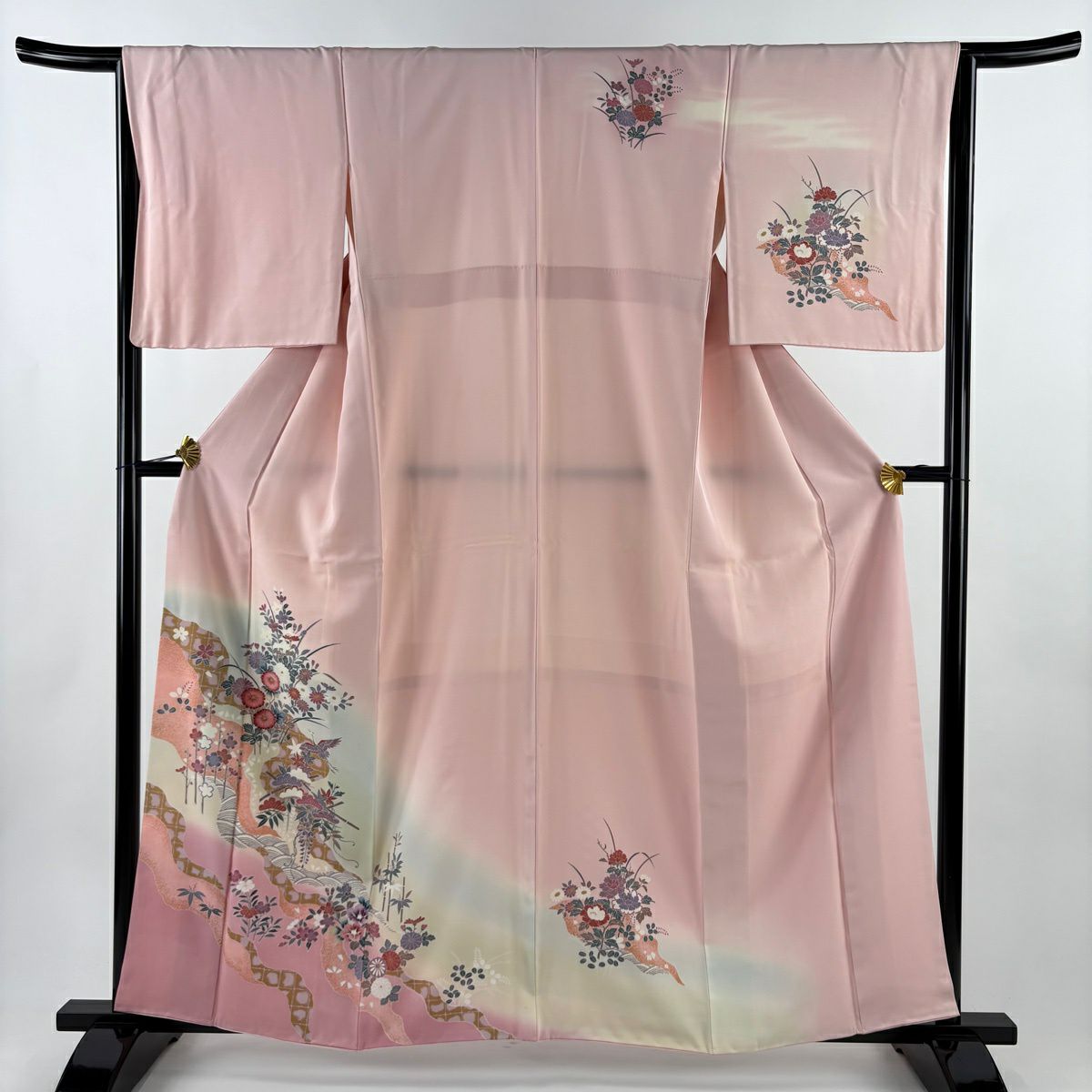 付下 身長160cm 袖長65cm M 雙層 秋草 松樹竹子梅花 金銀彩 漸層 粉色 純蠶絲 優品級