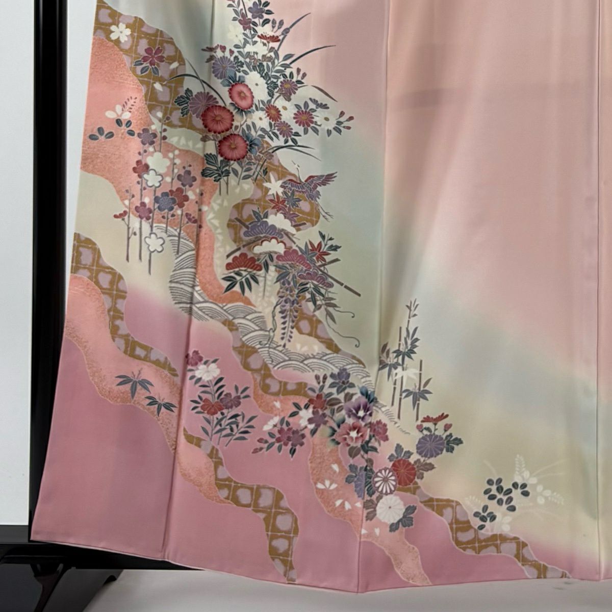 付下 身長160cm 袖長65cm M 雙層 秋草 松樹竹子梅花 金銀彩 漸層 粉色 純蠶絲 優品級