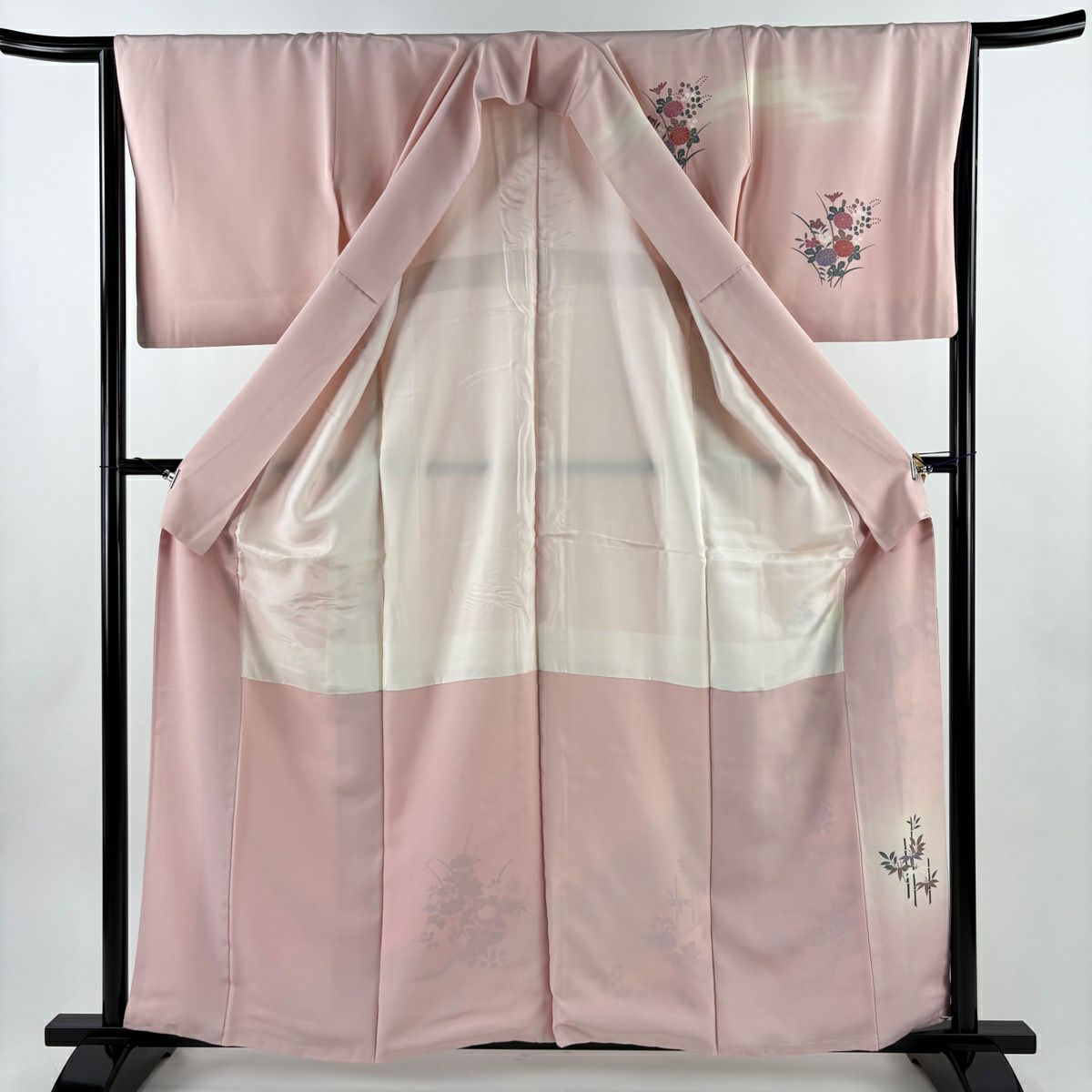 付下 身長160cm 袖長65cm M 雙層 秋草 松樹竹子梅花 金銀彩 漸層 粉色 純蠶絲 優品級
