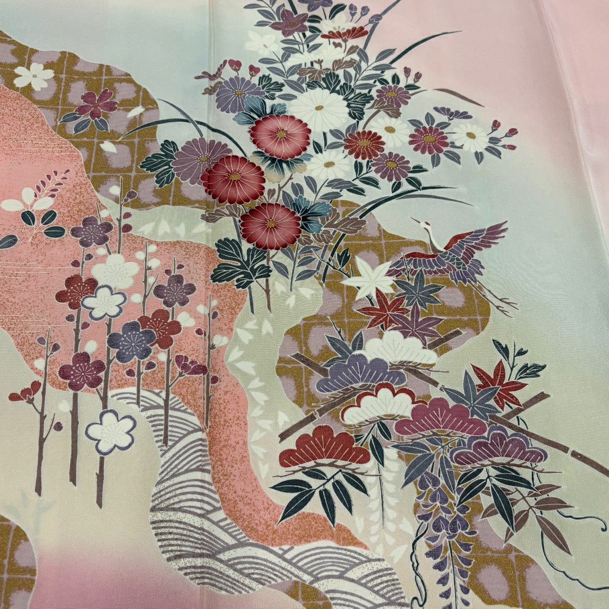 付下 身長160cm 袖長65cm M 雙層 秋草 松樹竹子梅花 金銀彩 漸層 粉色 純蠶絲 優品級