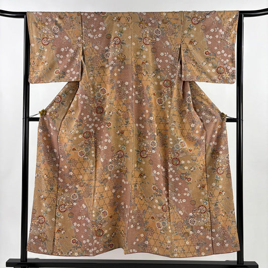 【美品】 小紋 身長152cm 袖長65cm M 雙層 秋草 扇子 金銀彩 薄茶 純蠶絲 秀品級