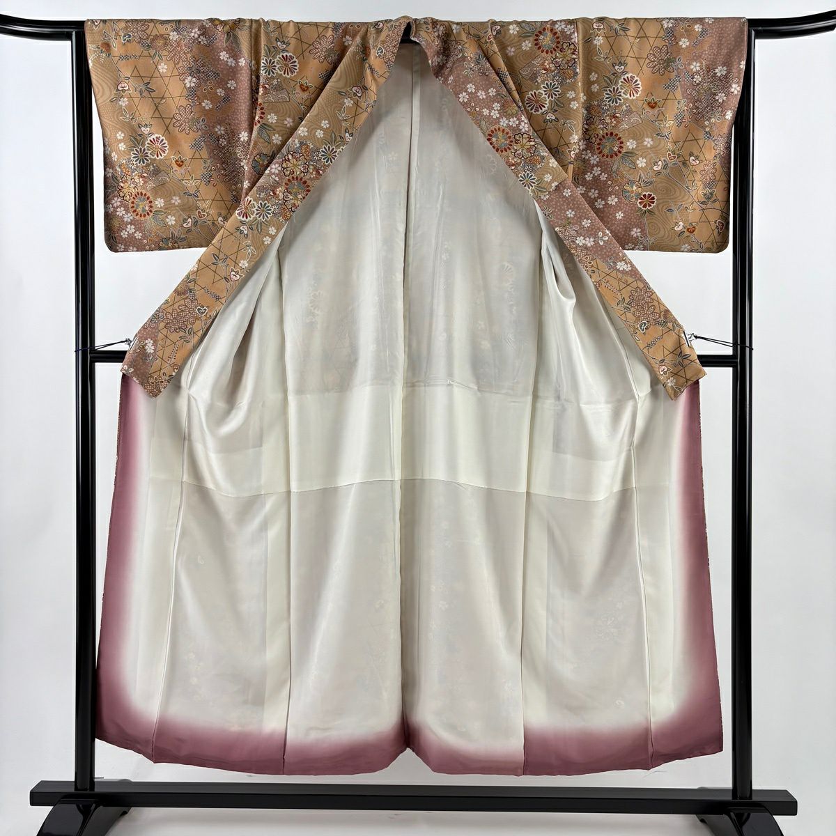 【美品】 小紋 身長152cm 袖長65cm M 雙層 秋草 扇子 金銀彩 薄茶 純蠶絲 秀品級