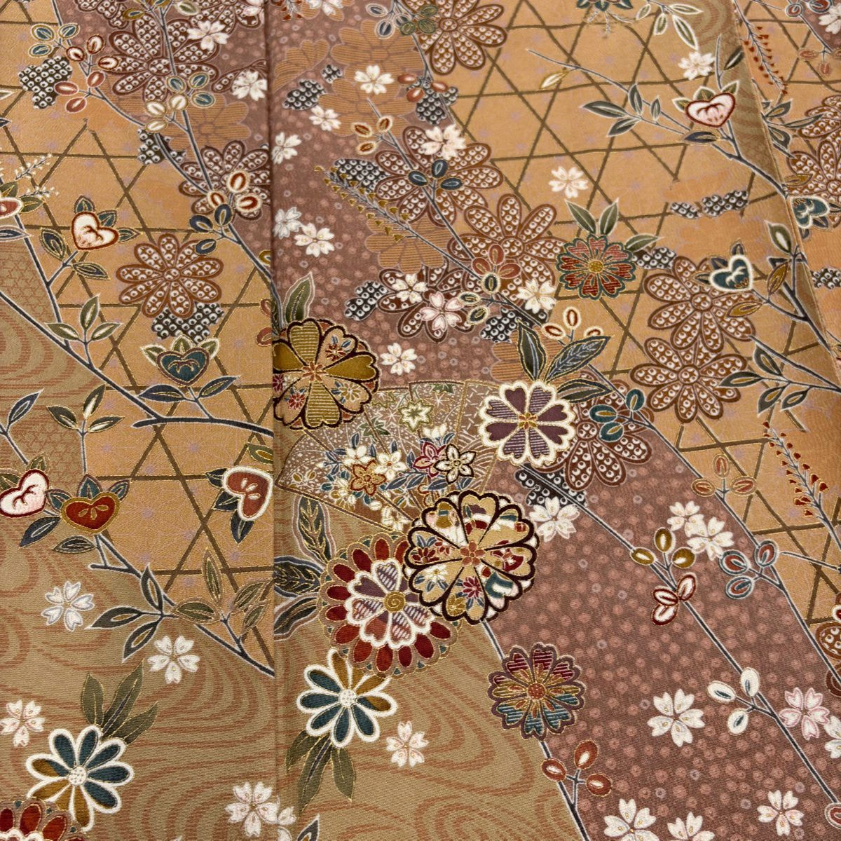 【美品】 小紋 身長152cm 袖長65cm M 雙層 秋草 扇子 金銀彩 薄茶 純蠶絲 秀品級