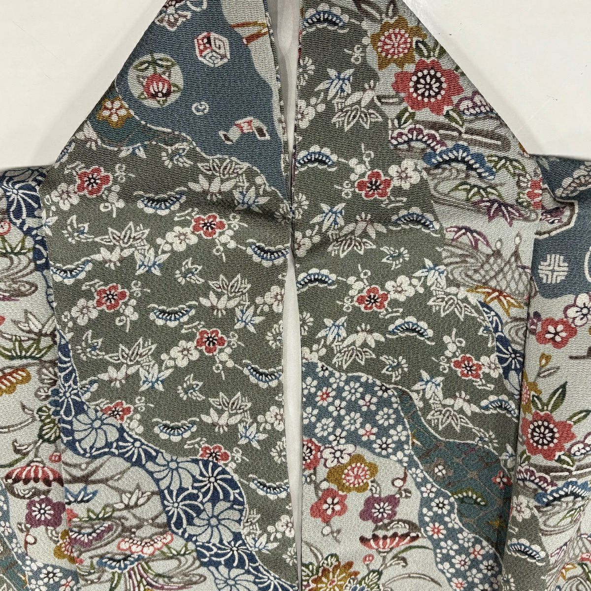 小紋 身長157cm 袖長65cm M 雙層 松樹竹子梅花 道長取 絞緬 青灰 純蠶絲 秀品級