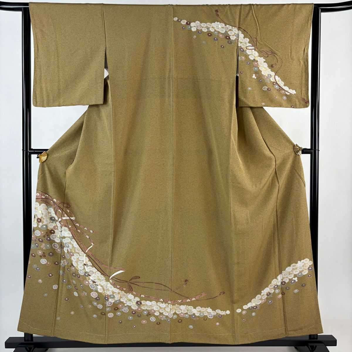 訪問服 身長157.5cm 袖長63.5cm S 雙層 菊花 蔓帶 金彩裝飾 黃土 純蠶絲 秀品級