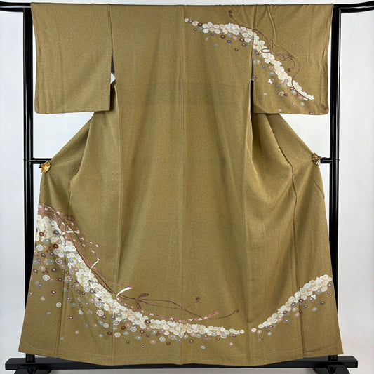 訪問服 身長157.5cm 袖長63.5cm S 雙層 菊花 蔓帶 金彩裝飾 黃土 純蠶絲 秀品級