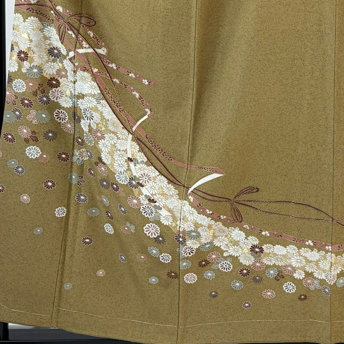訪問服 身長157.5cm 袖長63.5cm S 雙層 菊花 蔓帶 金彩裝飾 黃土 純蠶絲 秀品級