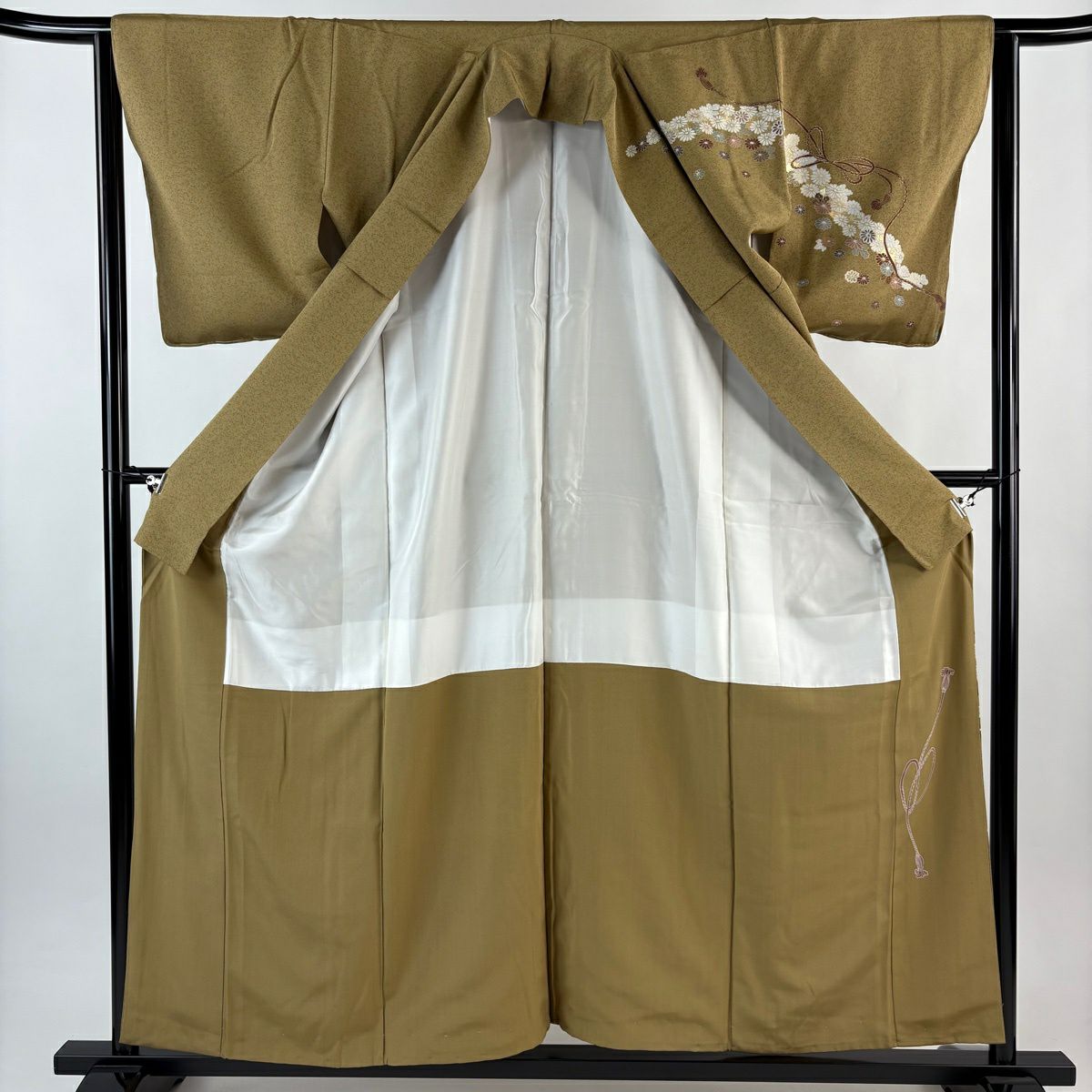 訪問服 身長157.5cm 袖長63.5cm S 雙層 菊花 蔓帶 金彩裝飾 黃土 純蠶絲 秀品級