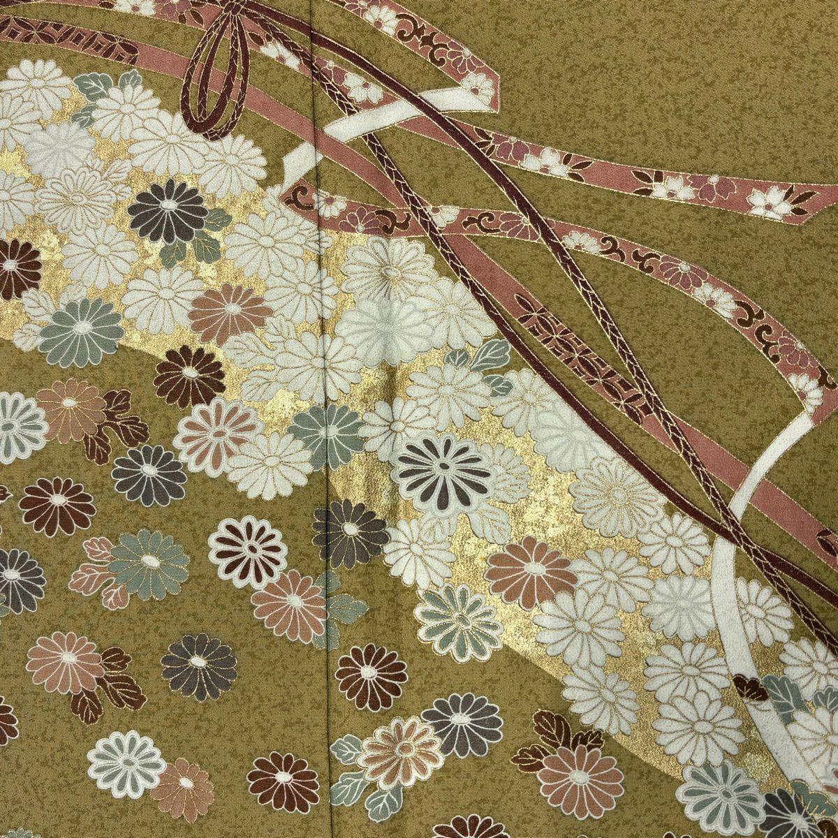 訪問服 身長157.5cm 袖長63.5cm S 雙層 菊花 蔓帶 金彩裝飾 黃土 純蠶絲 秀品級