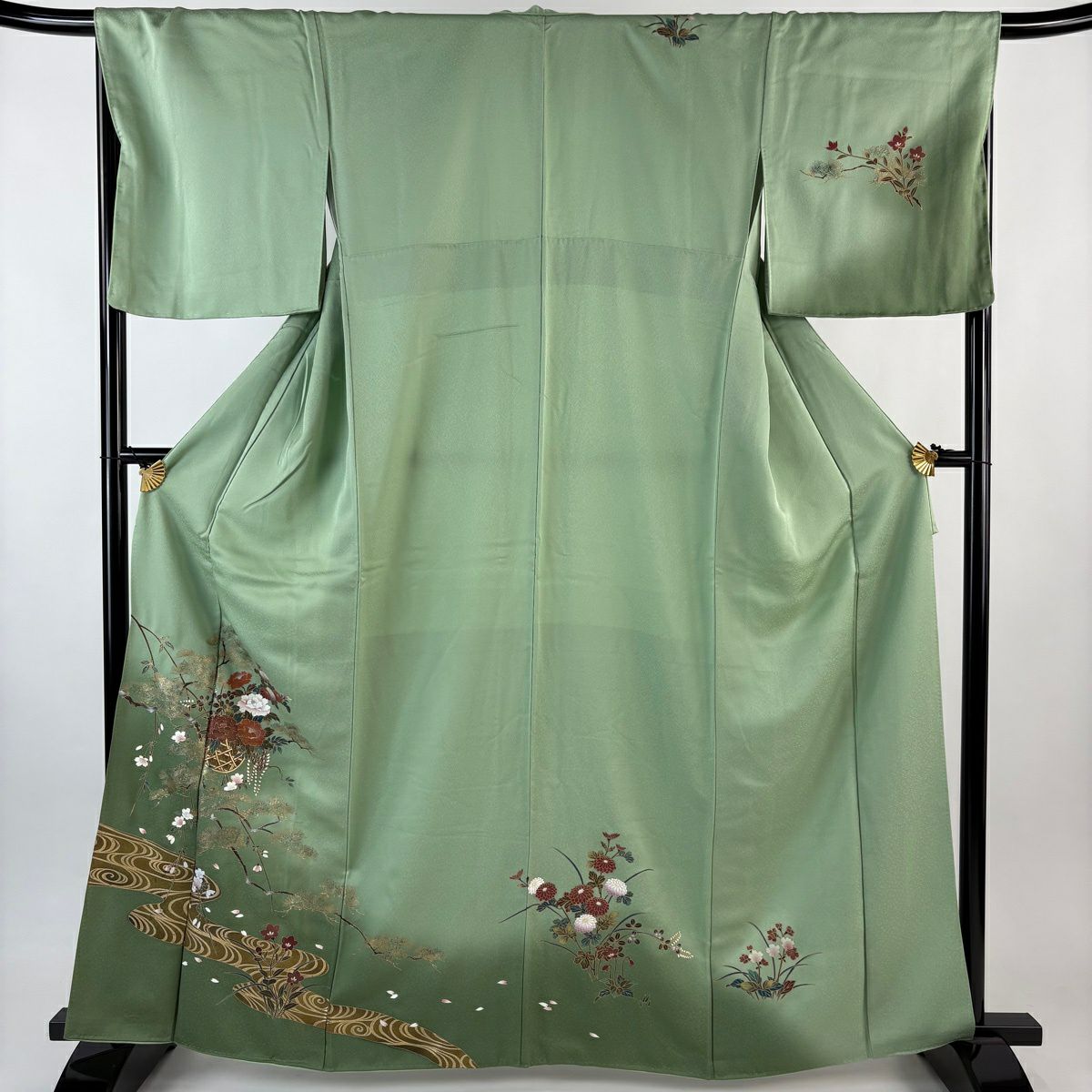 訪問服 身長164cm 袖長67.5cm L 雙層 花籠 若松樹 金銀彩 漸層 淺綠 純蠶絲 優品級