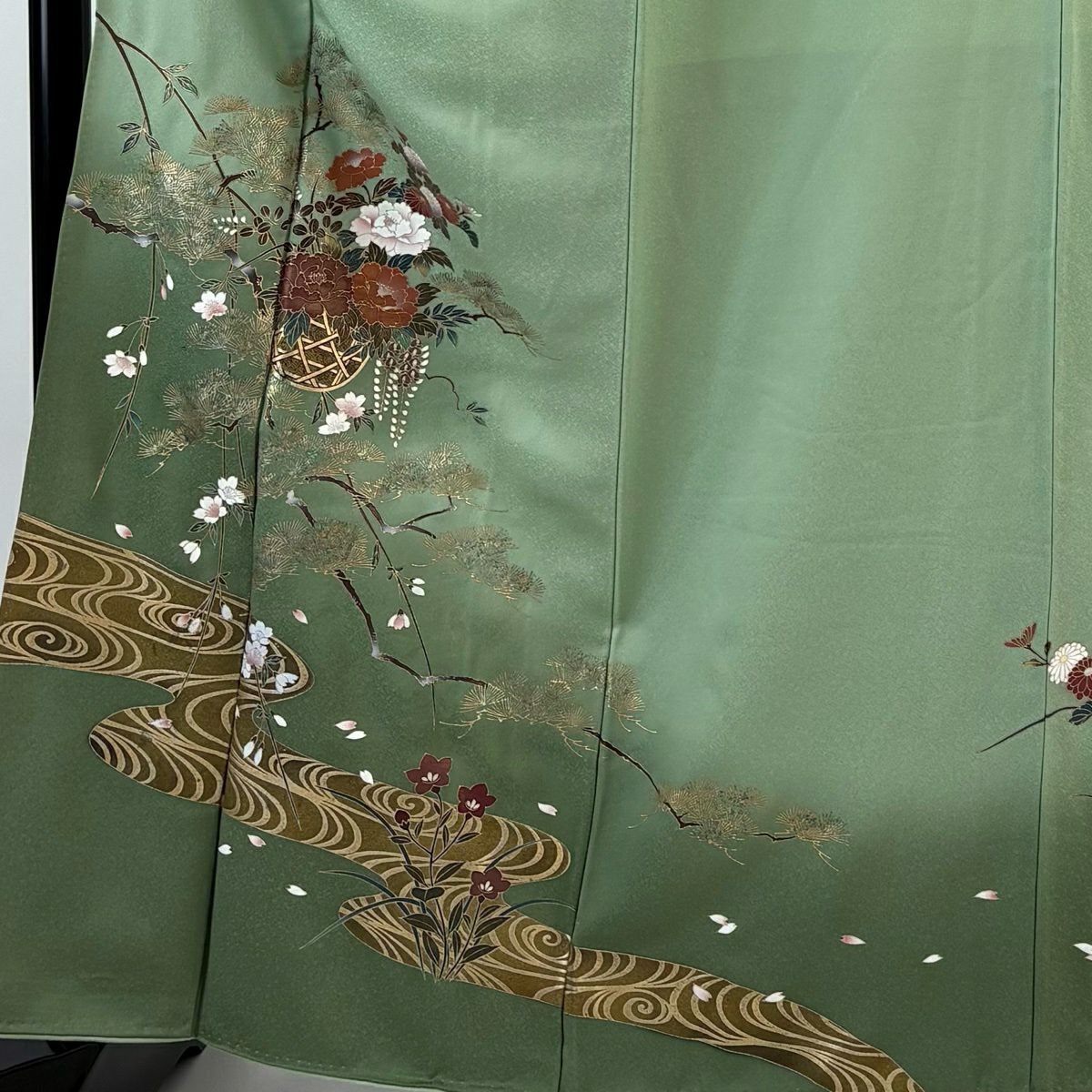 訪問服 身長164cm 袖長67.5cm L 雙層 花籠 若松樹 金銀彩 漸層 淺綠 純蠶絲 優品級