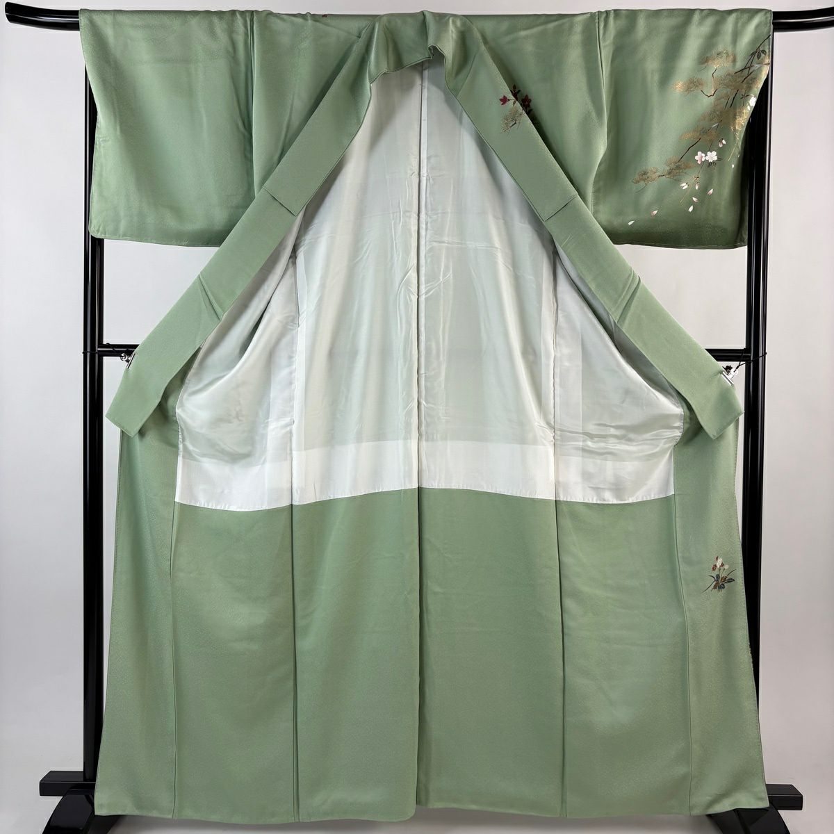 訪問服 身長164cm 袖長67.5cm L 雙層 花籠 若松樹 金銀彩 漸層 淺綠 純蠶絲 優品級