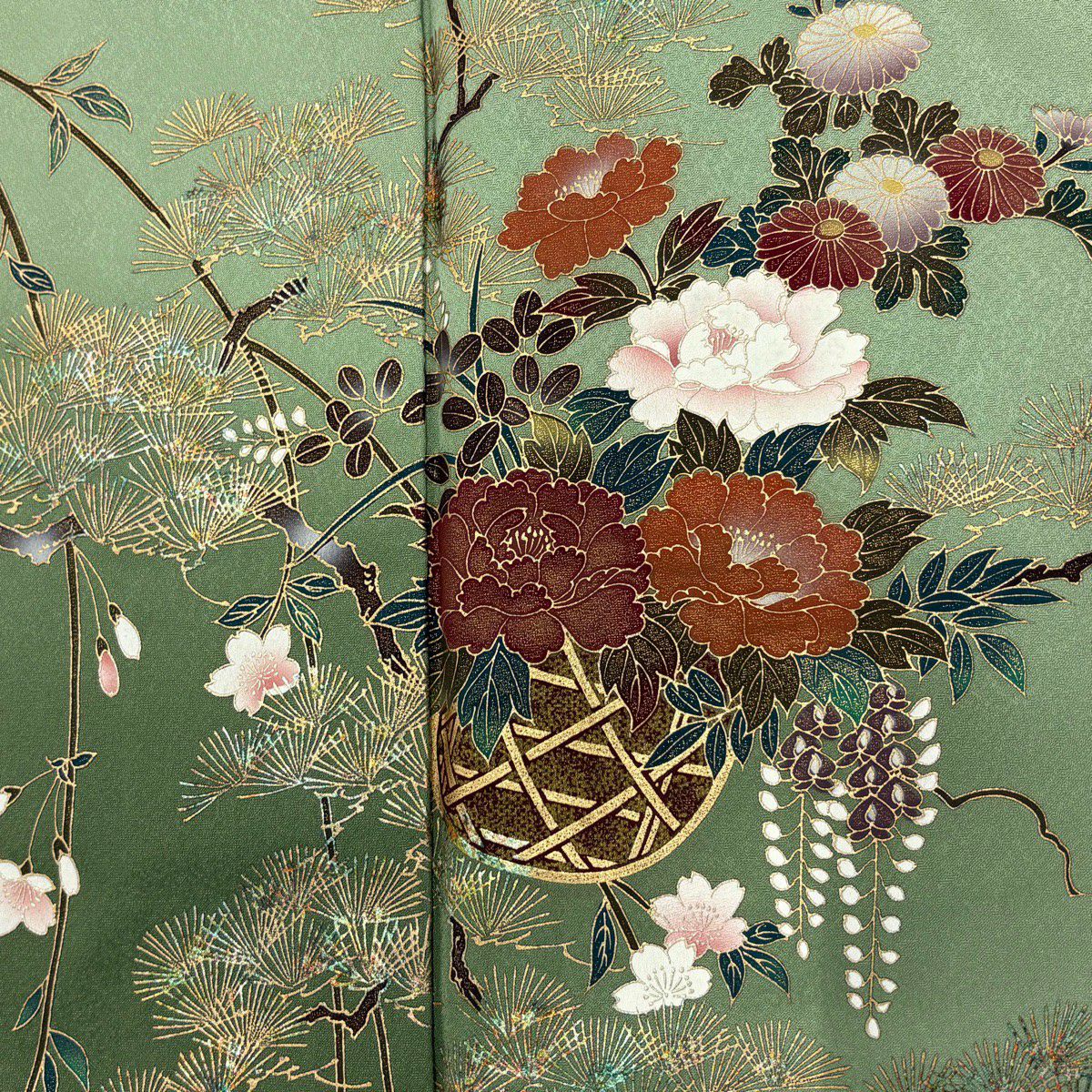 訪問服 身長164cm 袖長67.5cm L 雙層 花籠 若松樹 金銀彩 漸層 淺綠 純蠶絲 優品級