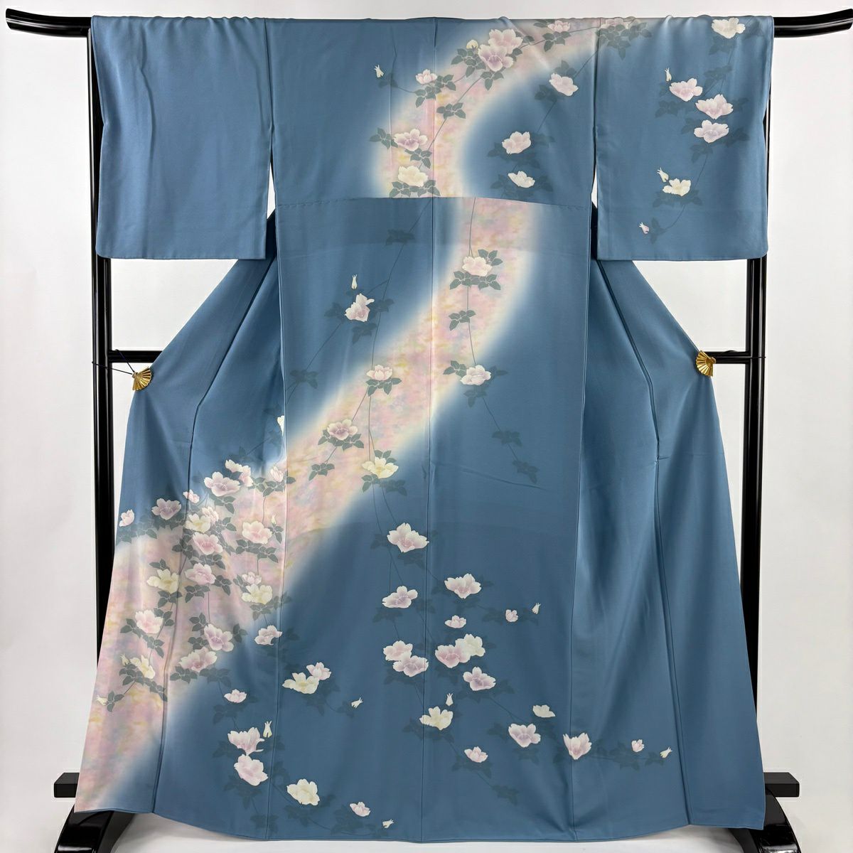 訪問服 身長167.5cm 袖長67cm M 雙層 草花紋紋 漸層 水藍 純蠶絲 優品級