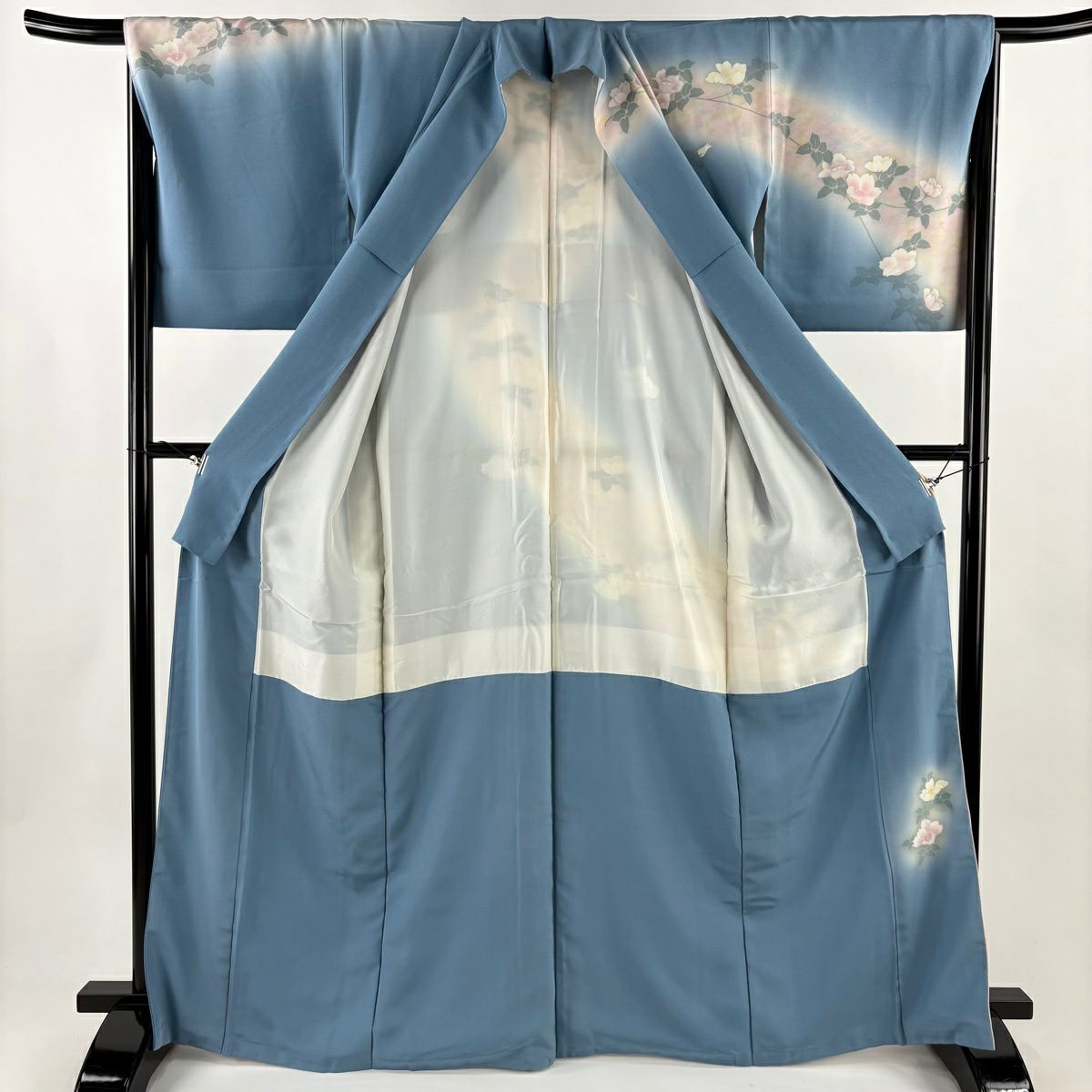 訪問服 身長167.5cm 袖長67cm M 雙層 草花紋紋 漸層 水藍 純蠶絲 優品級