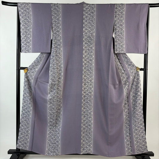 【美品】 小紋 身長158cm 袖長65cm M 雙層 七寶紋 漸層 淺紫 純蠶絲 優品級
