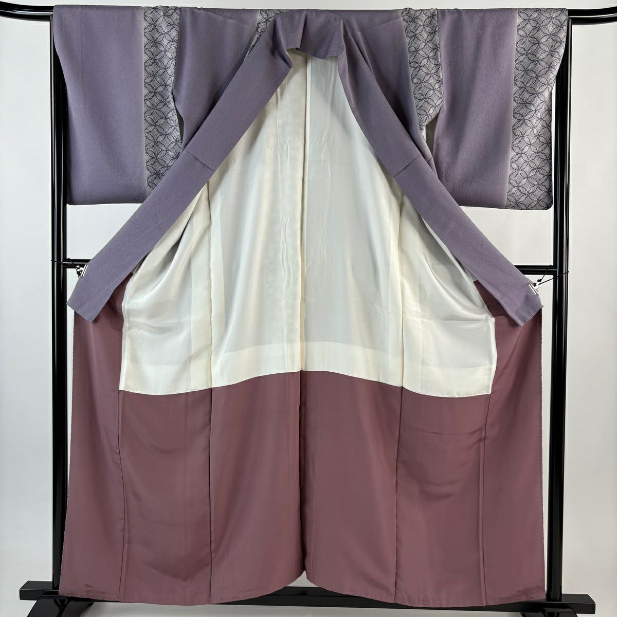 【美品】 小紋 身長158cm 袖長65cm M 雙層 七寶紋 漸層 淺紫 純蠶絲 優品級
