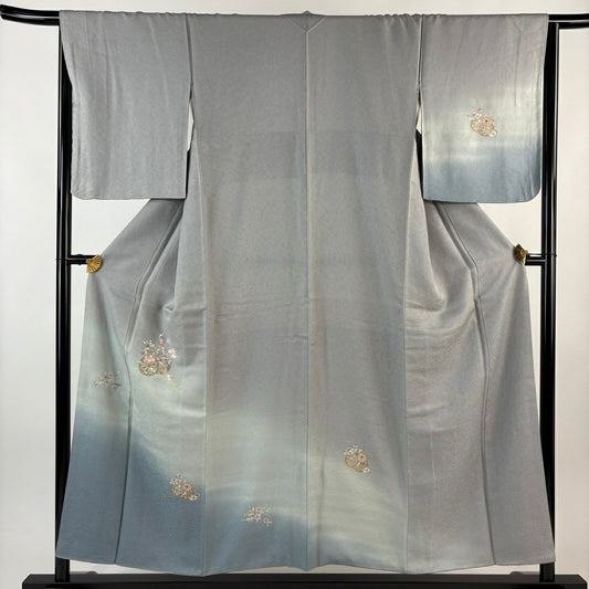 付下 身長153.5cm 袖長65.5cm M 雙層 花車 櫻花 刺繡 金線 青灰色 純蠶絲 秀品級