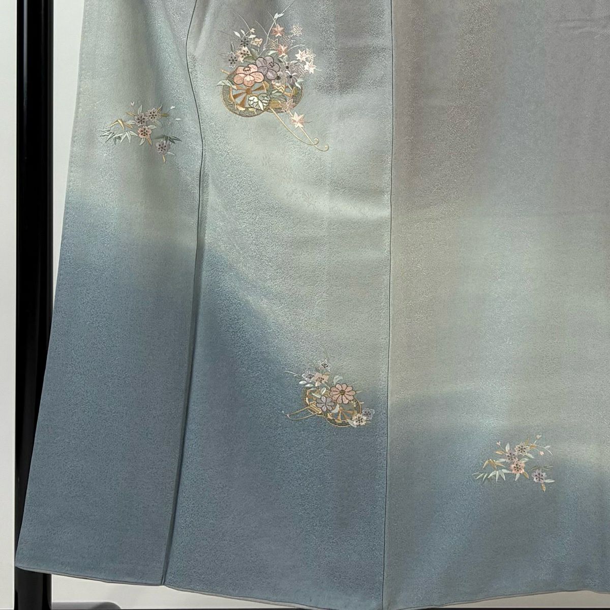 付下 身長153.5cm 袖長65.5cm M 雙層 花車 櫻花 刺繡 金線 青灰色 純蠶絲 秀品級