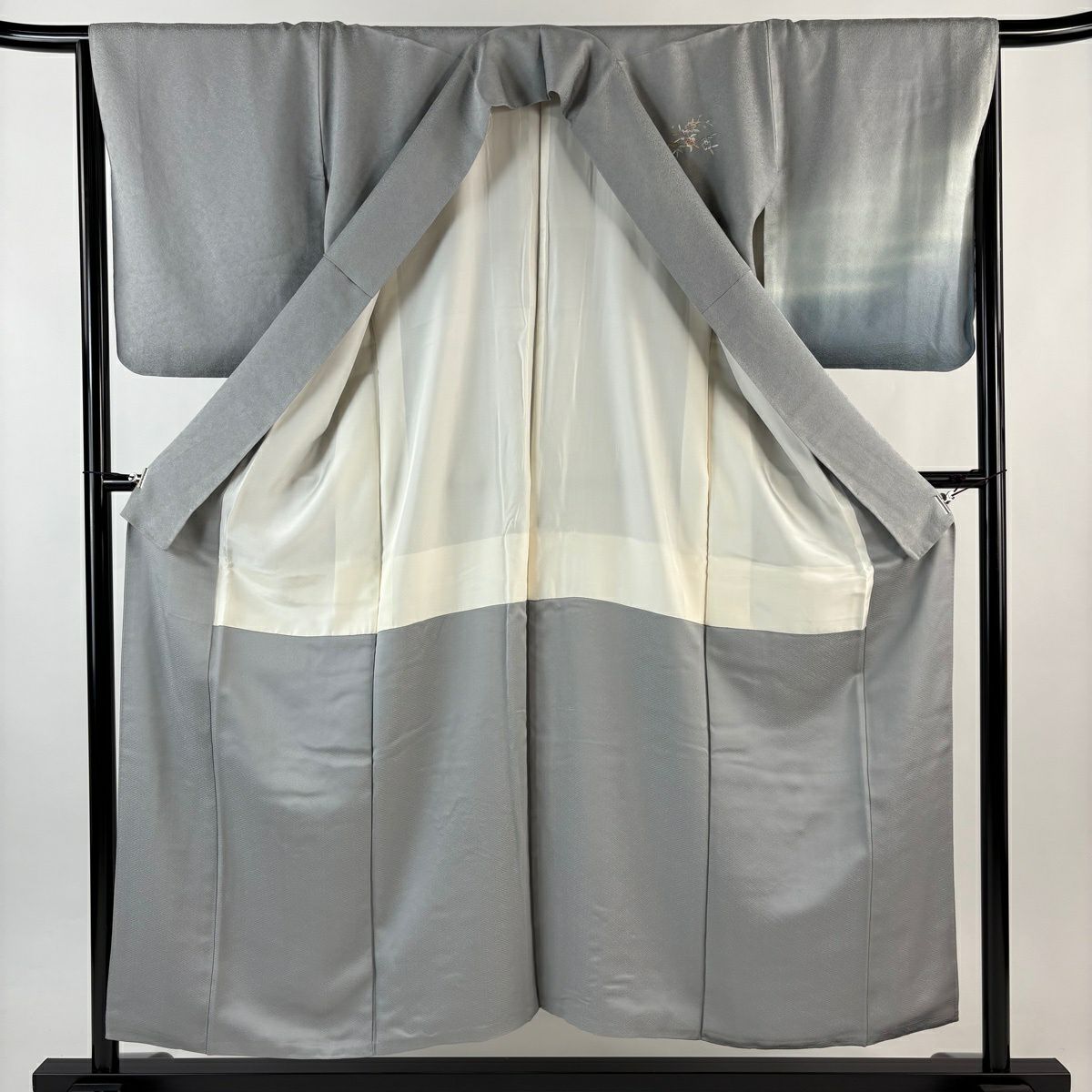 付下 身長153.5cm 袖長65.5cm M 雙層 花車 櫻花 刺繡 金線 青灰色 純蠶絲 秀品級
