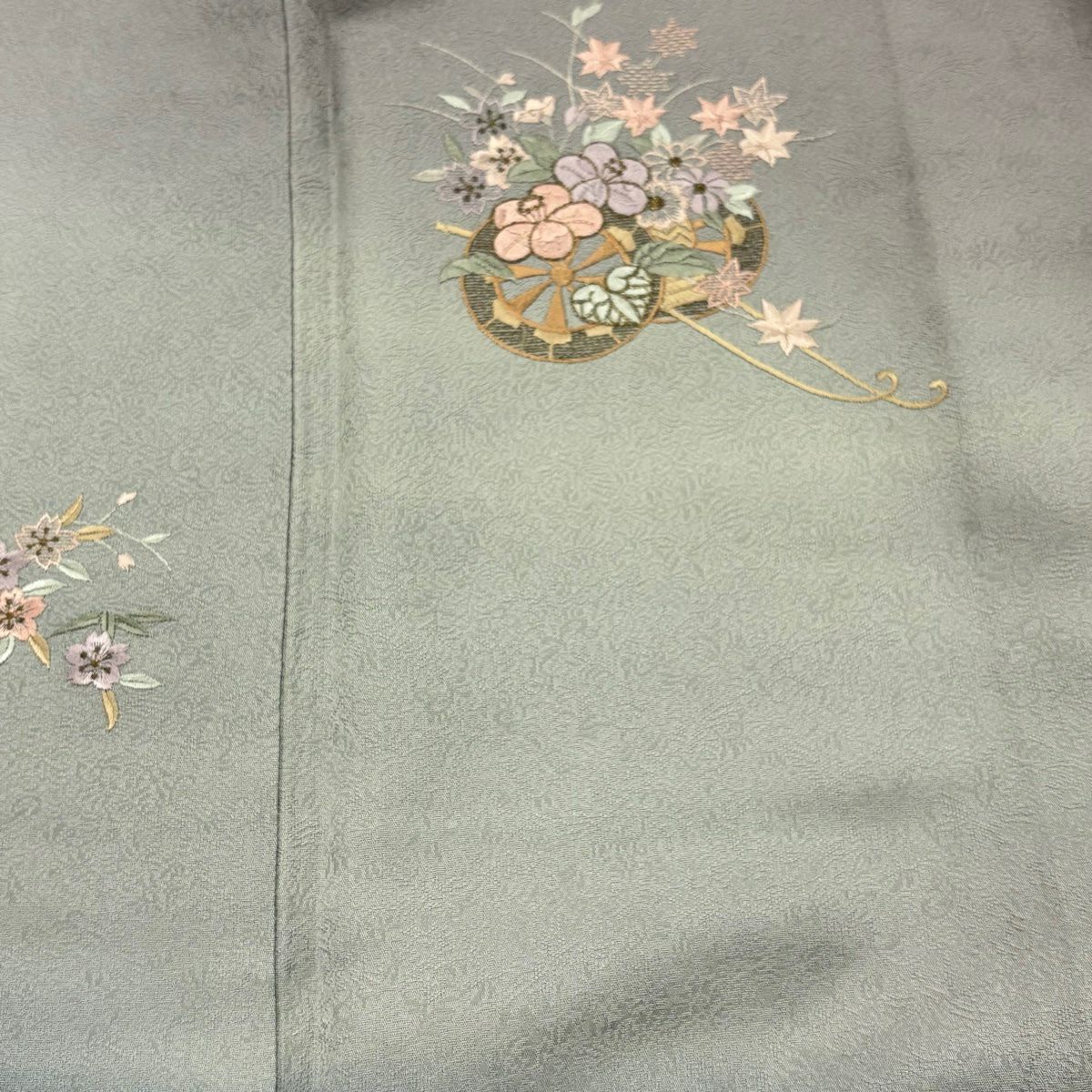 付下 身長153.5cm 袖長65.5cm M 雙層 花車 櫻花 刺繡 金線 青灰色 純蠶絲 秀品級