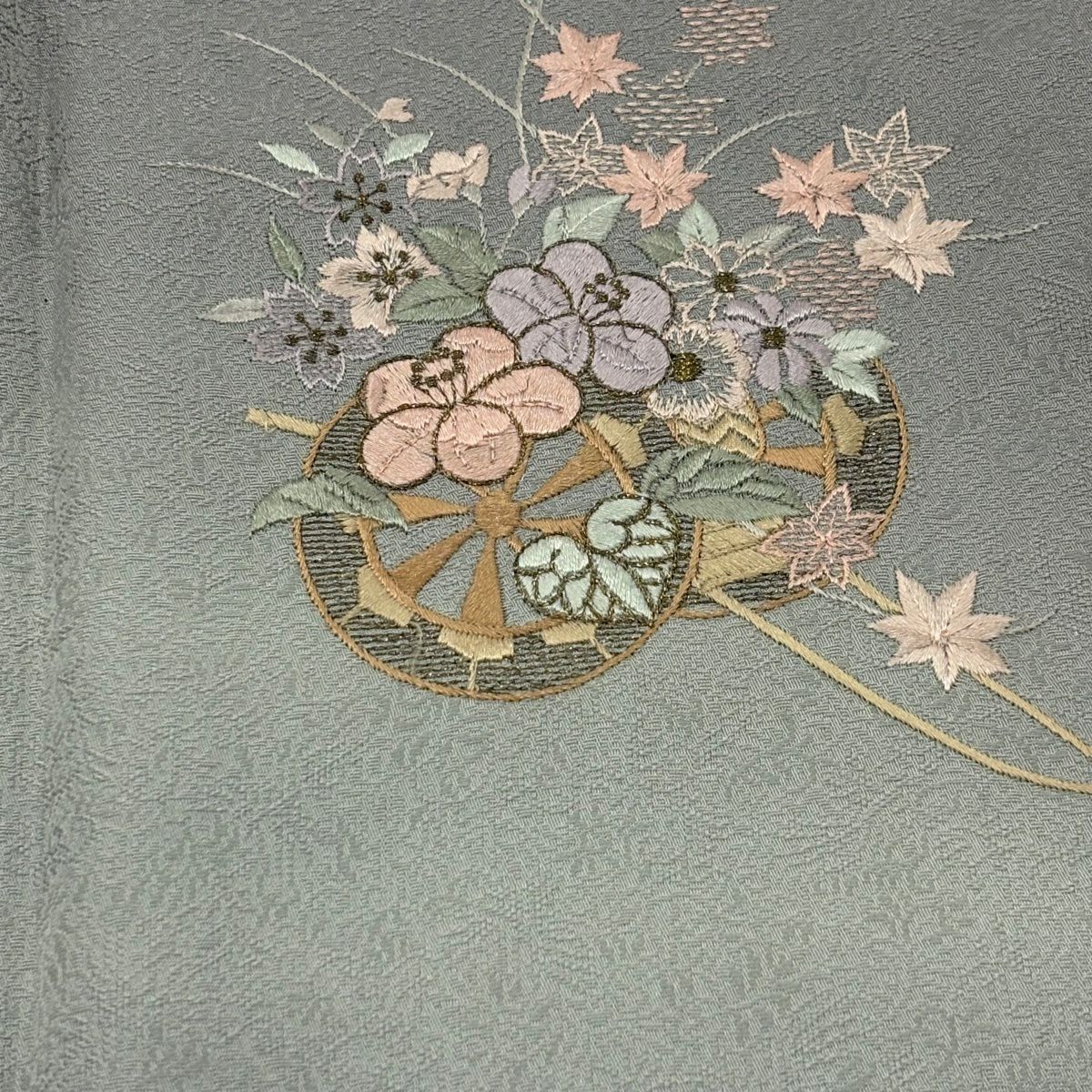 付下 身長153.5cm 袖長65.5cm M 雙層 花車 櫻花 刺繡 金線 青灰色 純蠶絲 秀品級