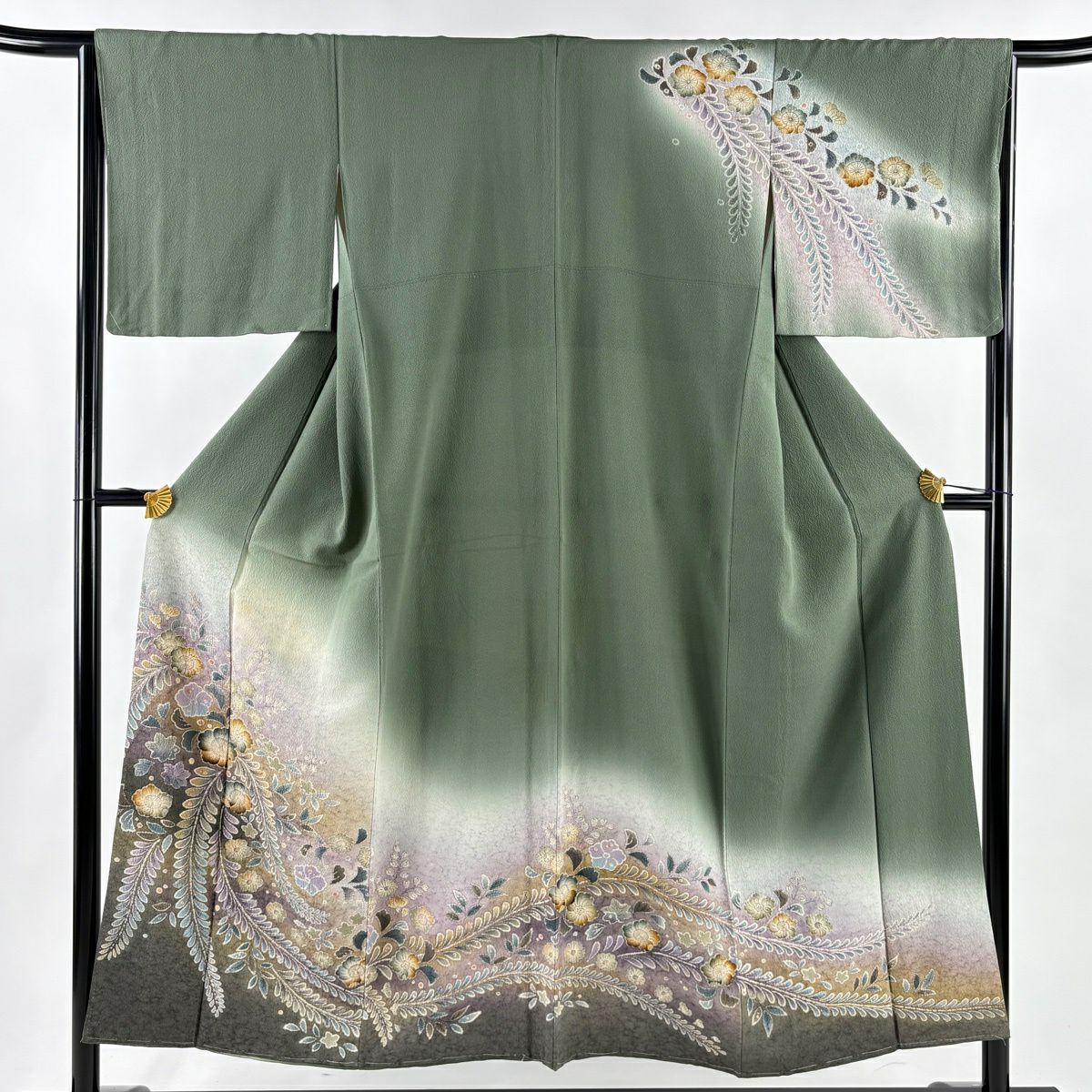 訪問服 身長151.5cm 袖長65.5cm M 雙層 櫻花 染分 朦朧 灰綠 純蠶絲 優品級
